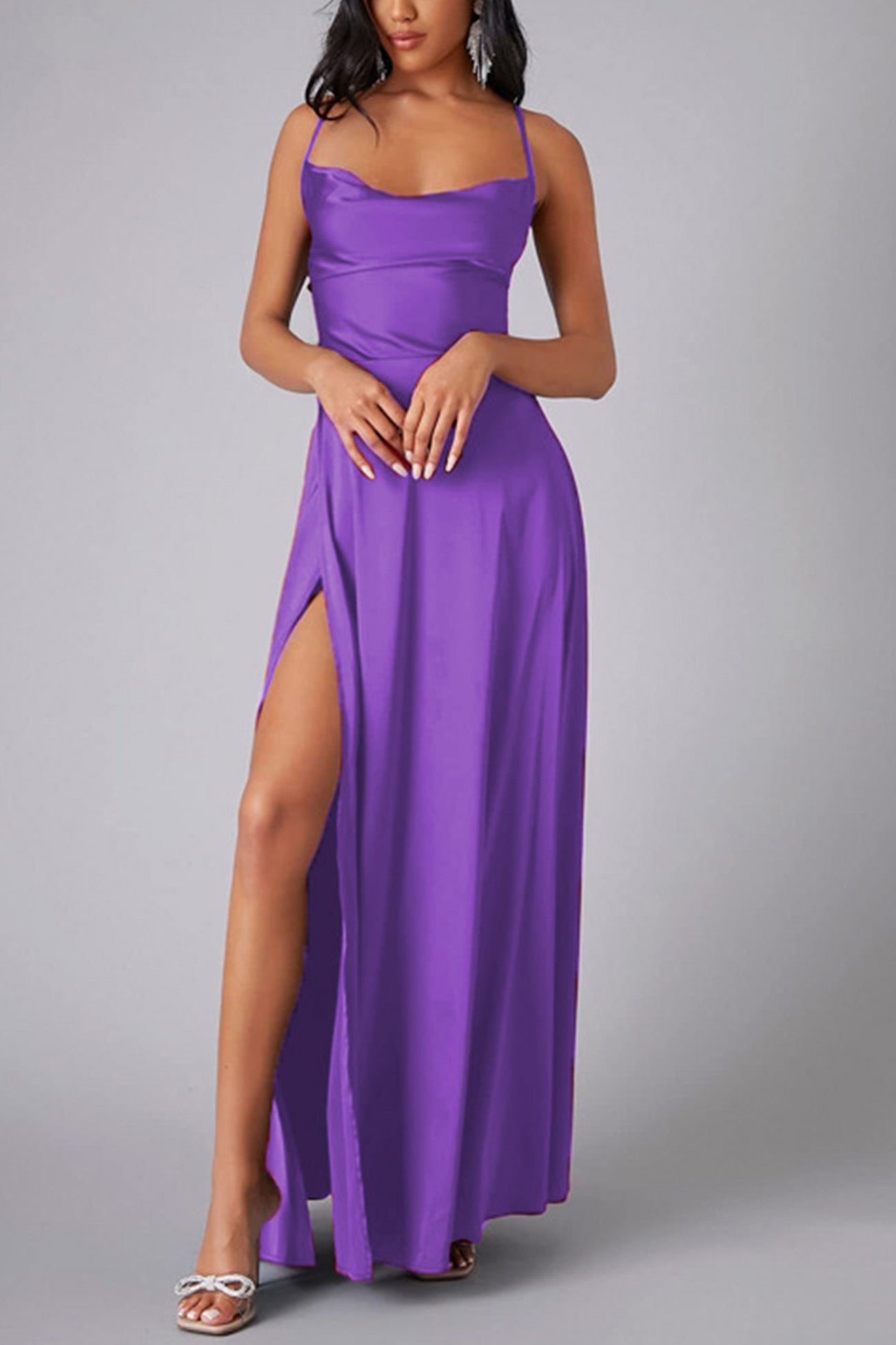 Satin Cowl Neck Tie Up Backless Slit Dress