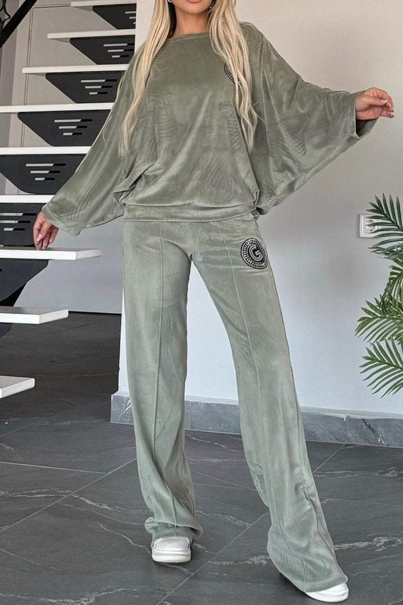 Suede Bat Sleeve Two Piece Outfit Set