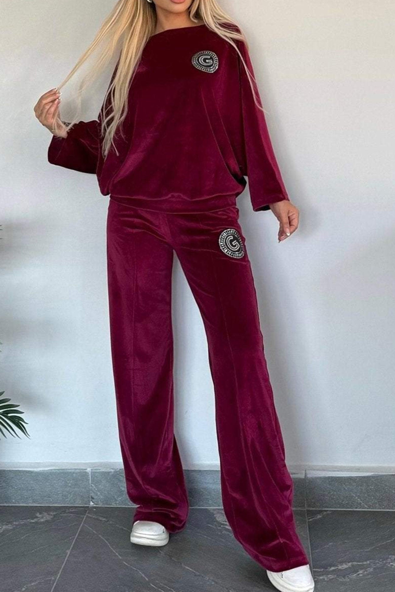 Suede Bat Sleeve Two Piece Outfit Set