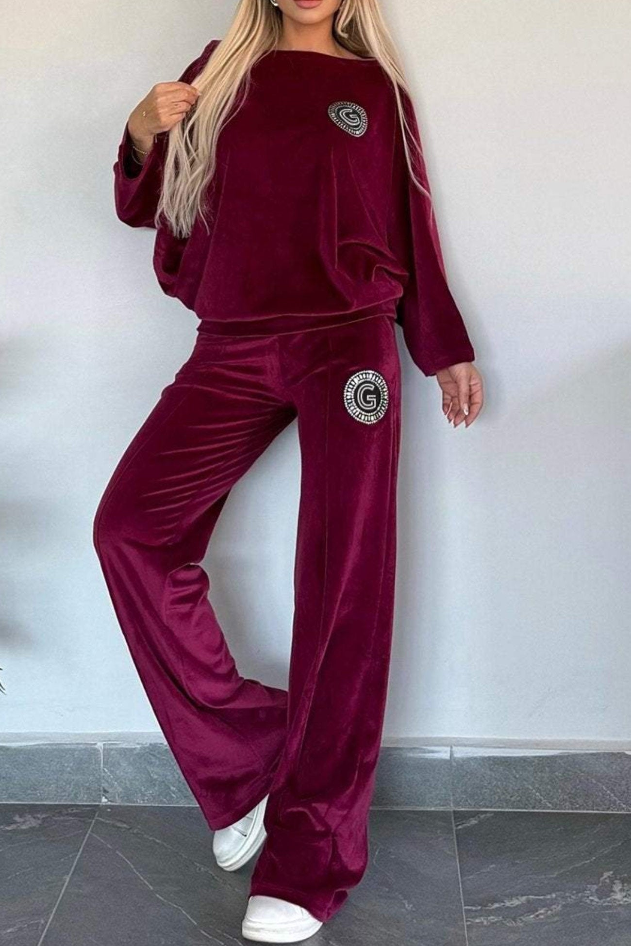 Suede Bat Sleeve Two Piece Outfit Set
