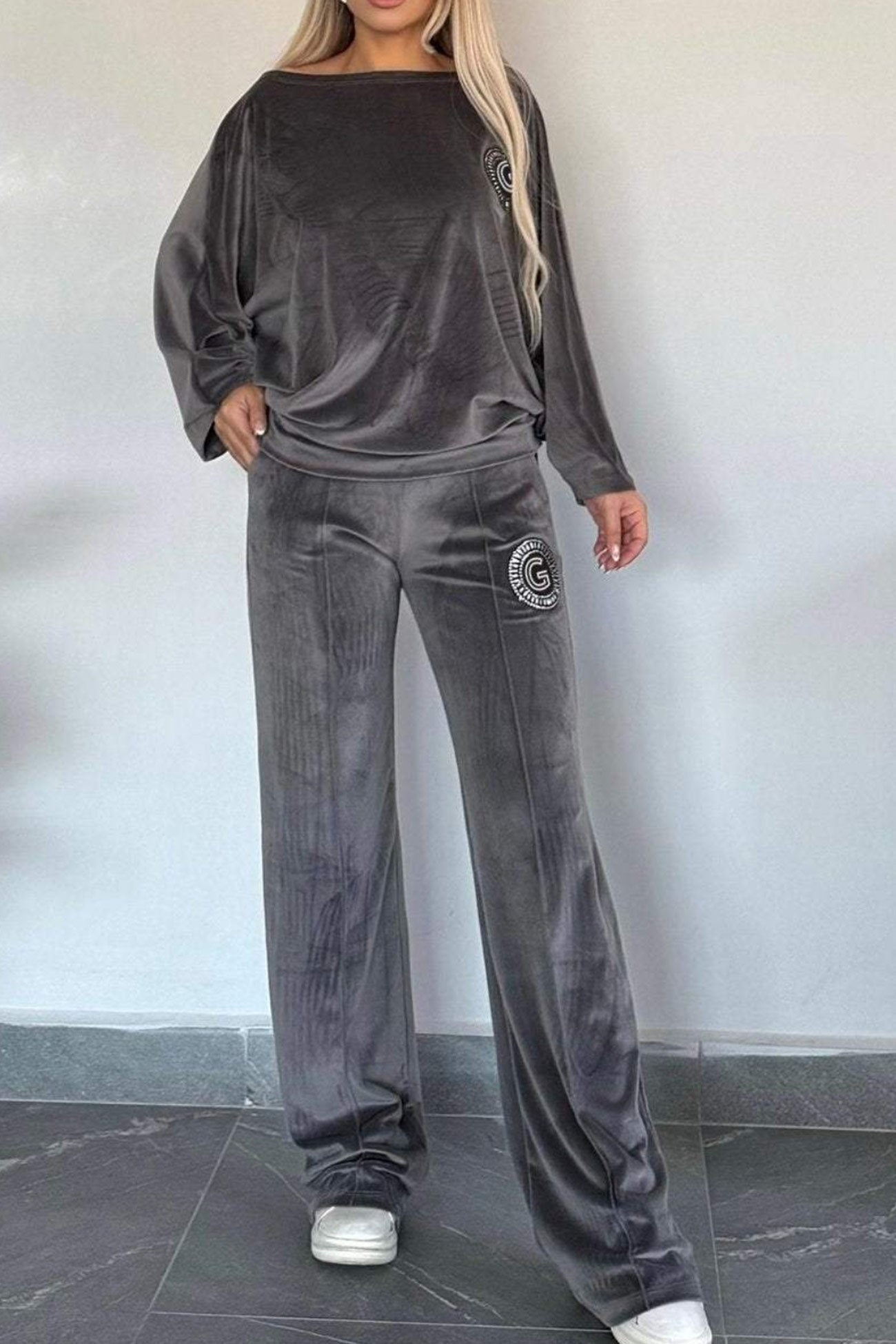 Suede Bat Sleeve Two Piece Outfit Set