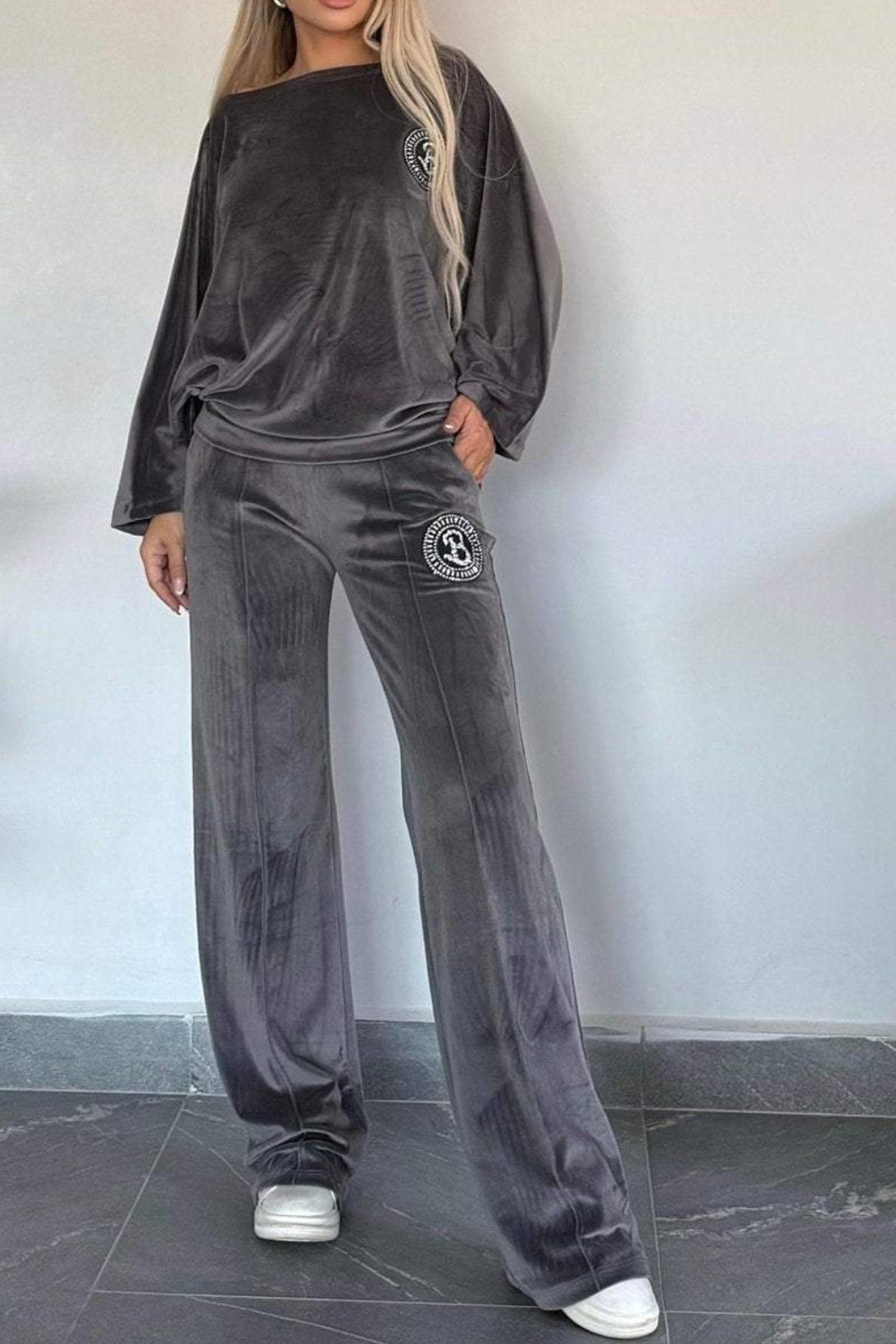 Suede Bat Sleeve Two Piece Outfit Set