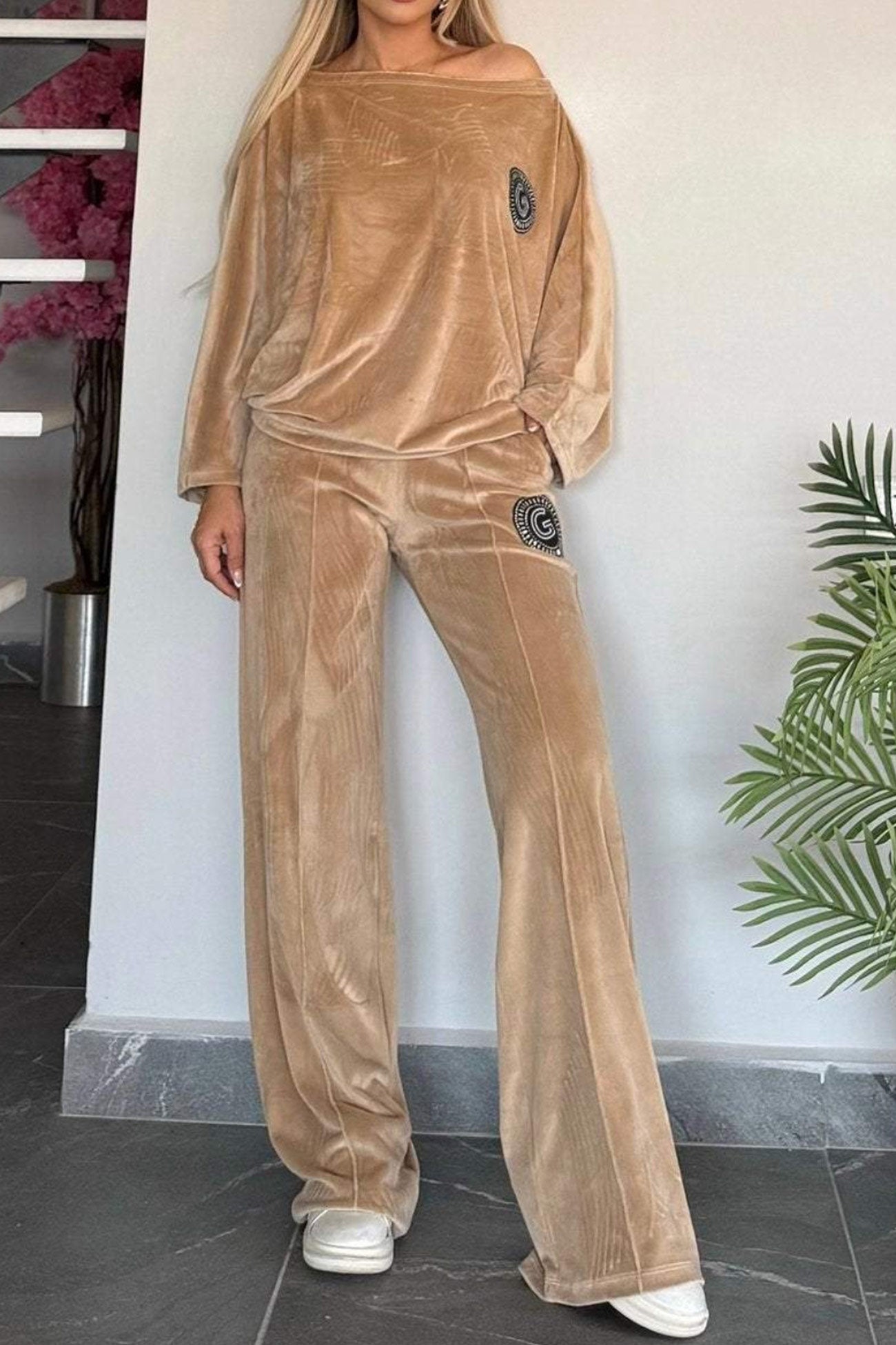 Suede Bat Sleeve Two Piece Outfit Set