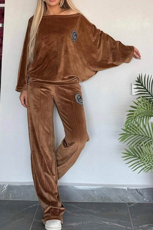 Suede Bat Sleeve Two Piece Outfit Set