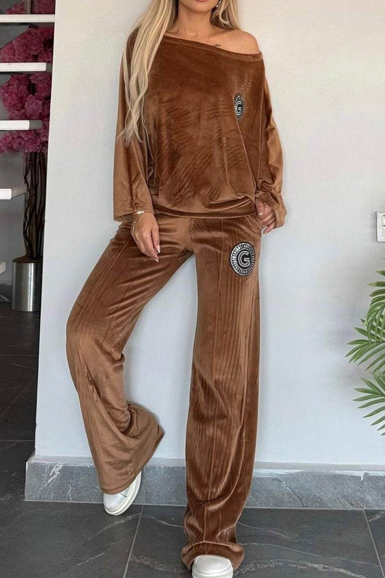 Suede Bat Sleeve Two Piece Outfit Set