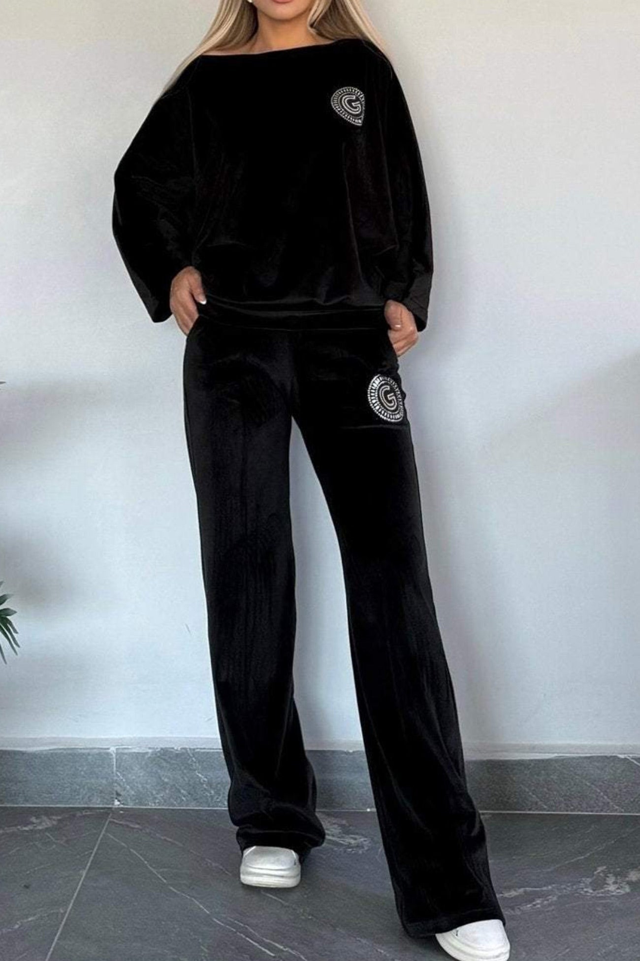 Suede Bat Sleeve Two Piece Outfit Set