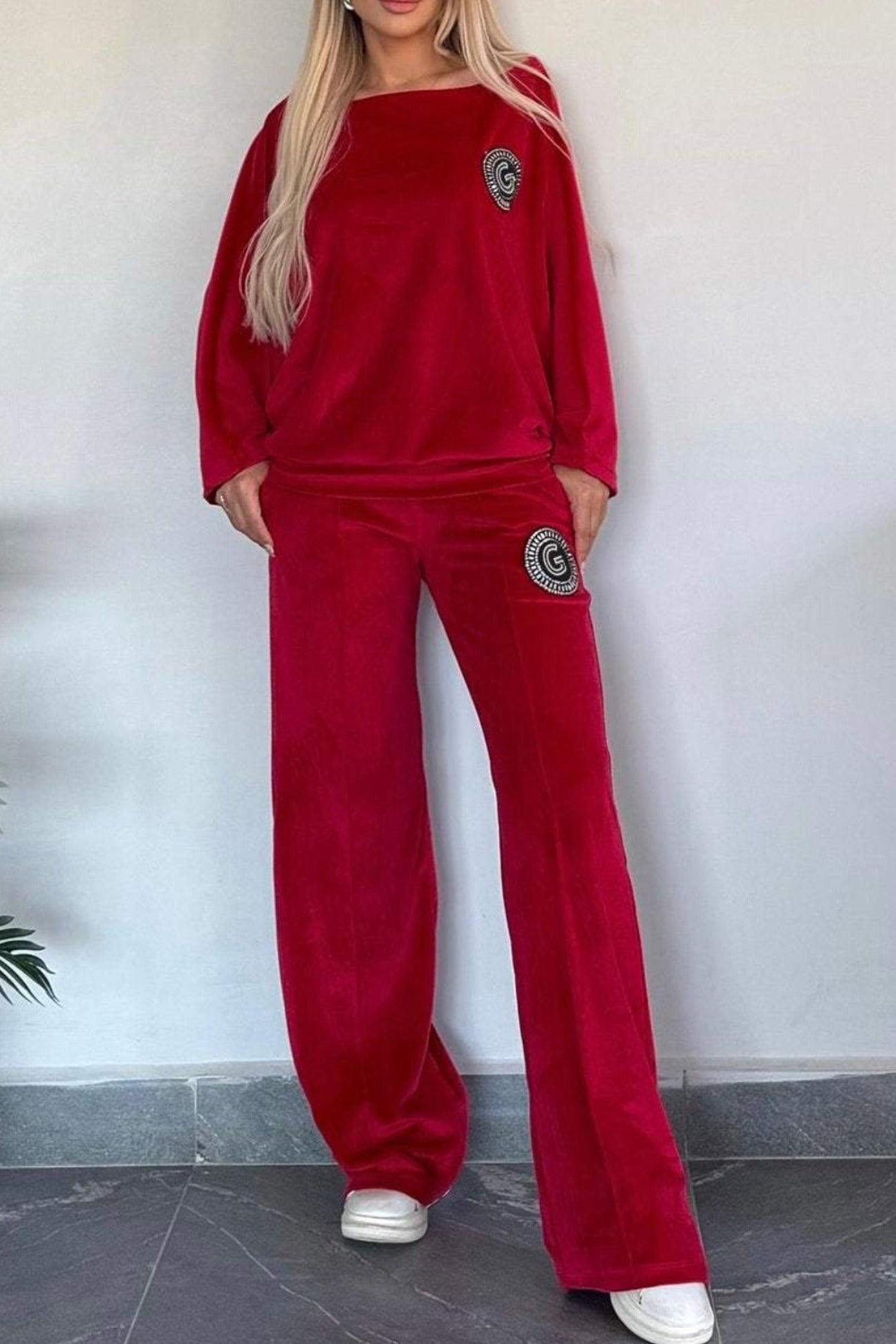 Suede Bat Sleeve Two Piece Outfit Set