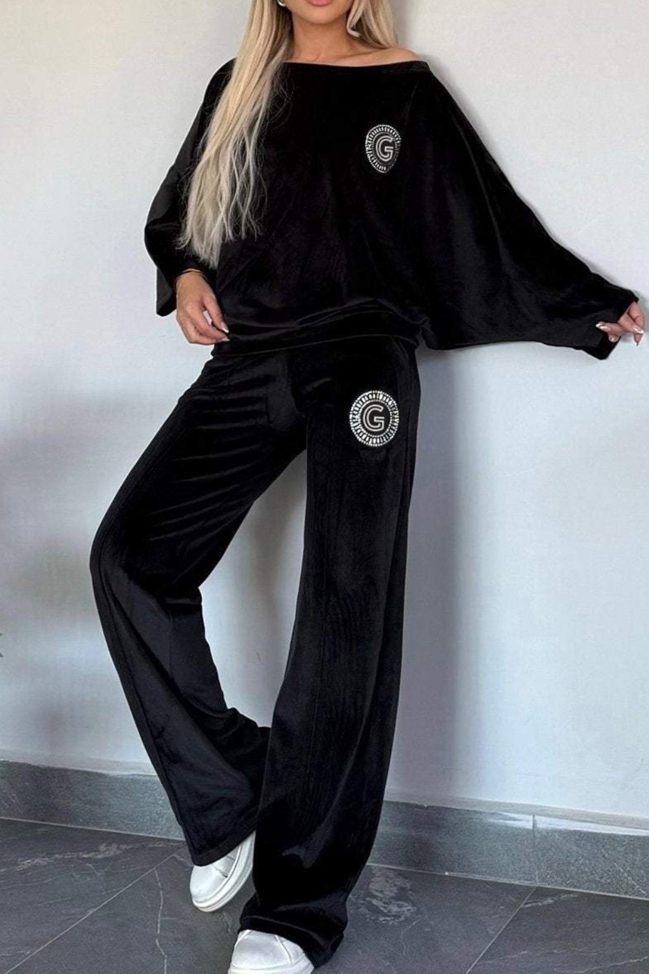 Suede Bat Sleeve Two Piece Outfit Set