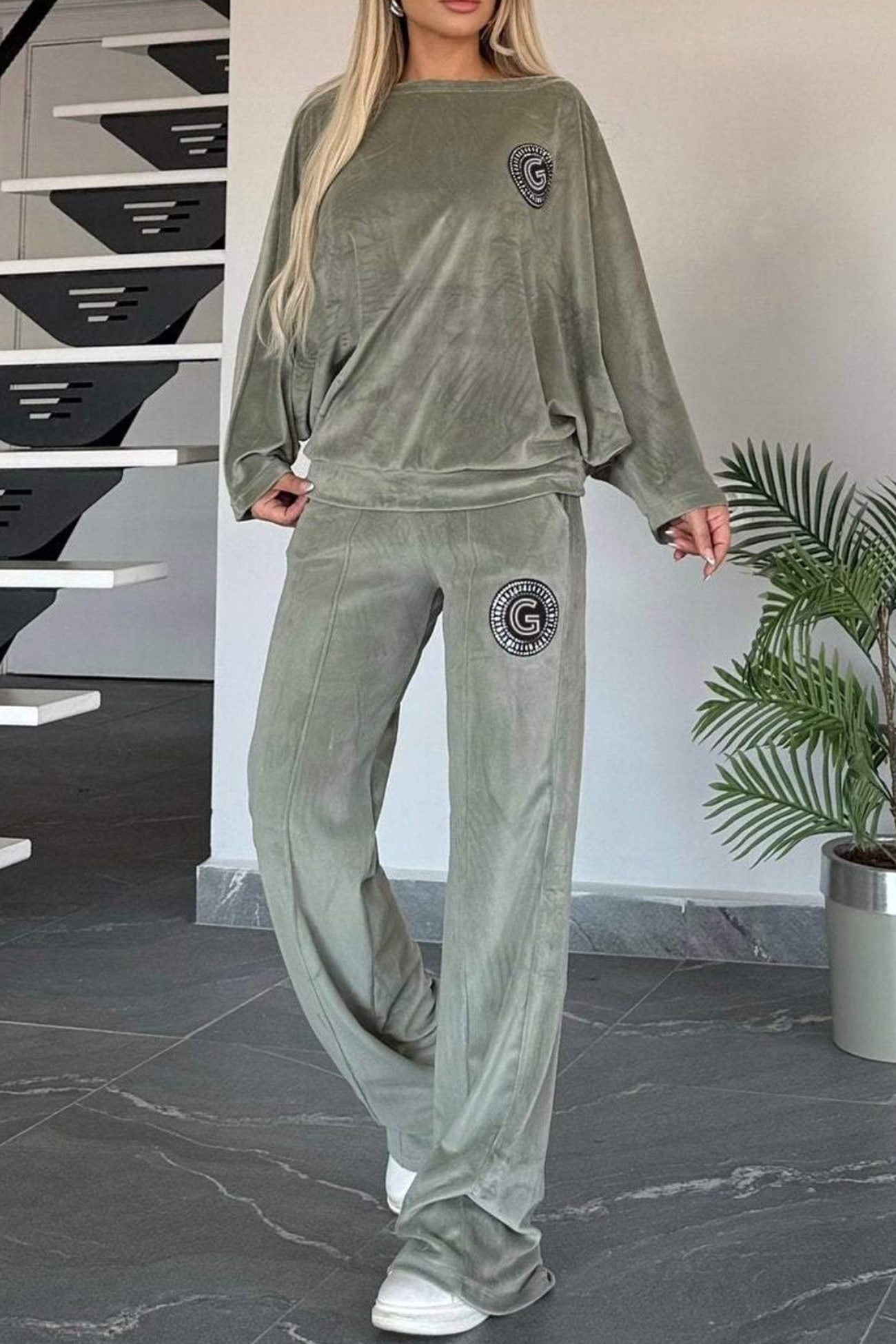 Suede Bat Sleeve Two Piece Outfit Set