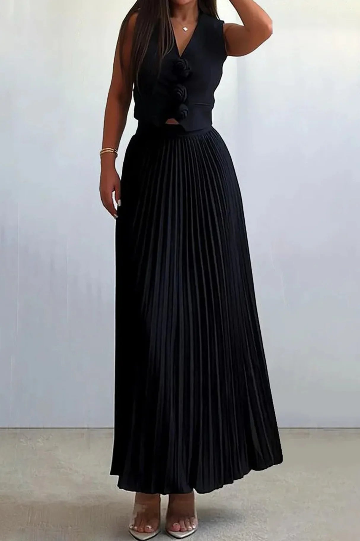 3D Floral Vest Pleated Maxi Skirt Sets