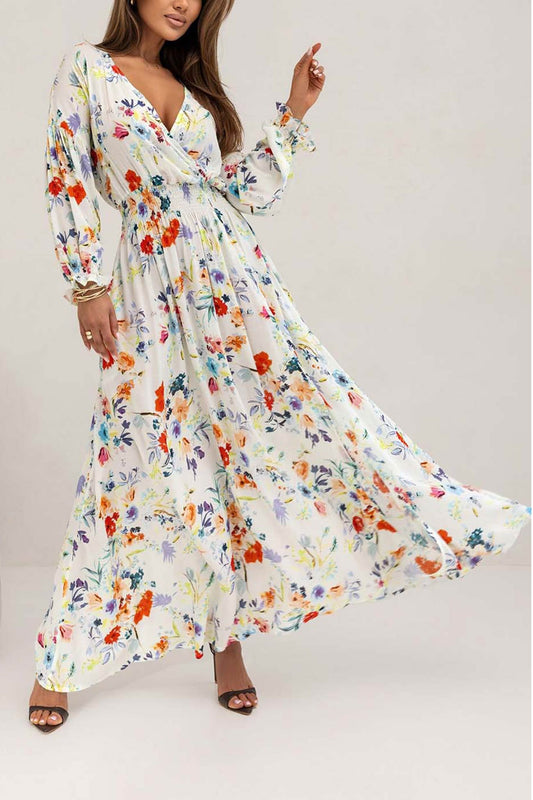 V Neck Floral Print Puff Sleeve Slit Dress