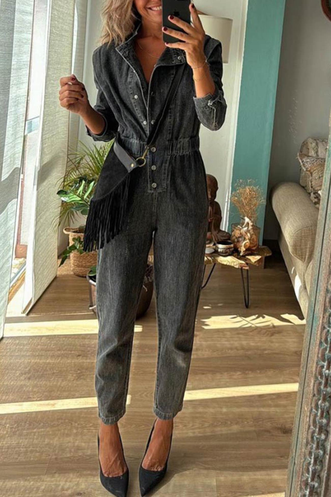 Lapel Button-down Elastic Waist Denim Jumpsuits