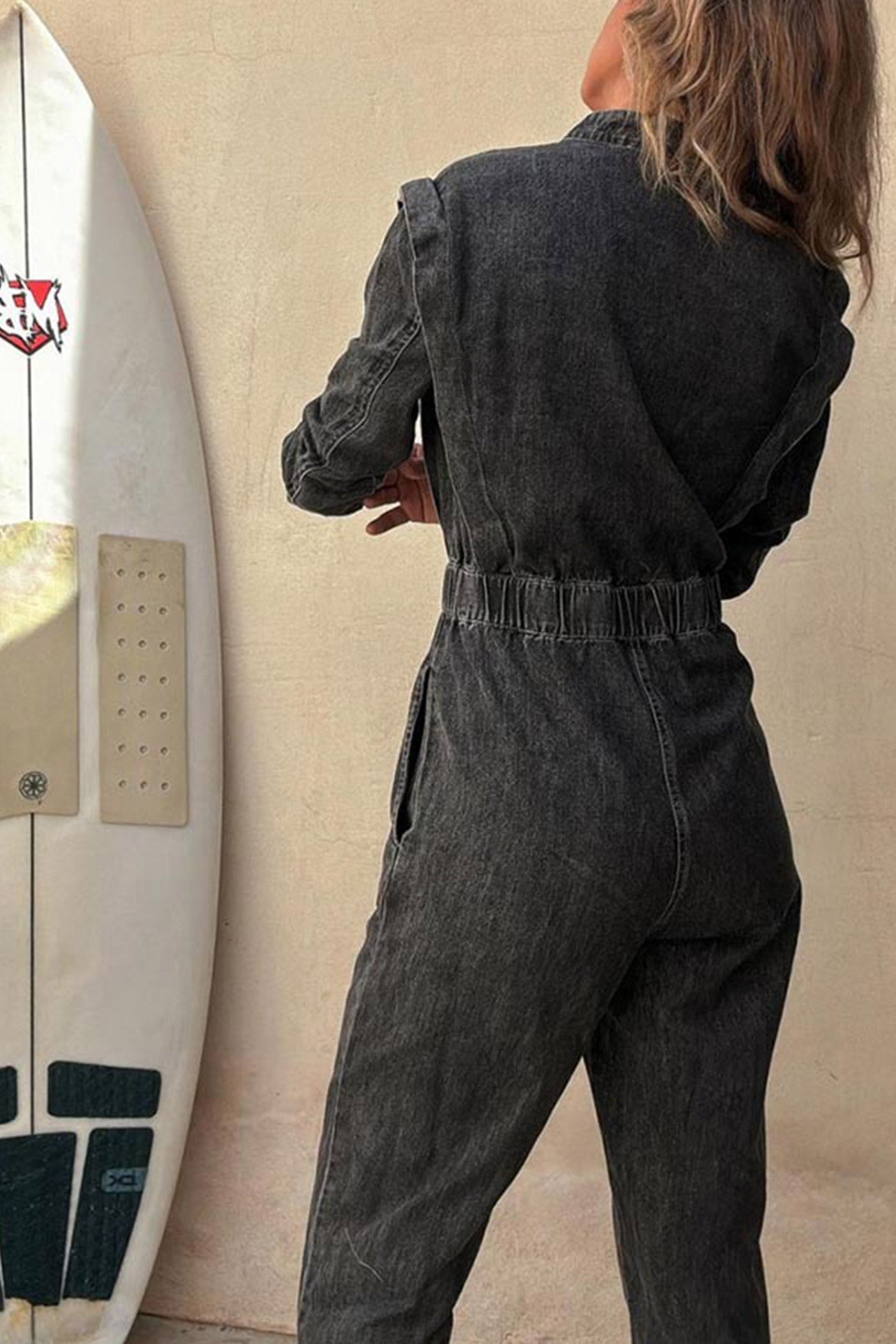 Lapel Button-down Elastic Waist Denim Jumpsuits