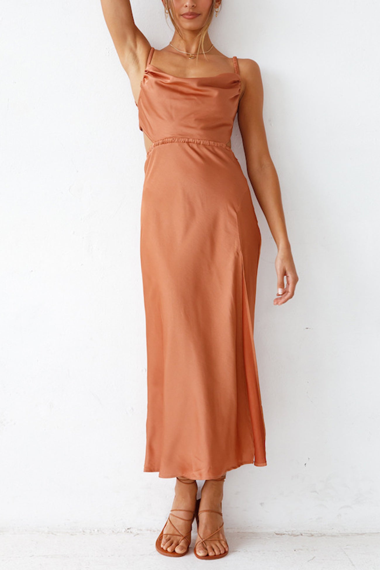 Cowl Neck Tie-back Slit Cami Dress