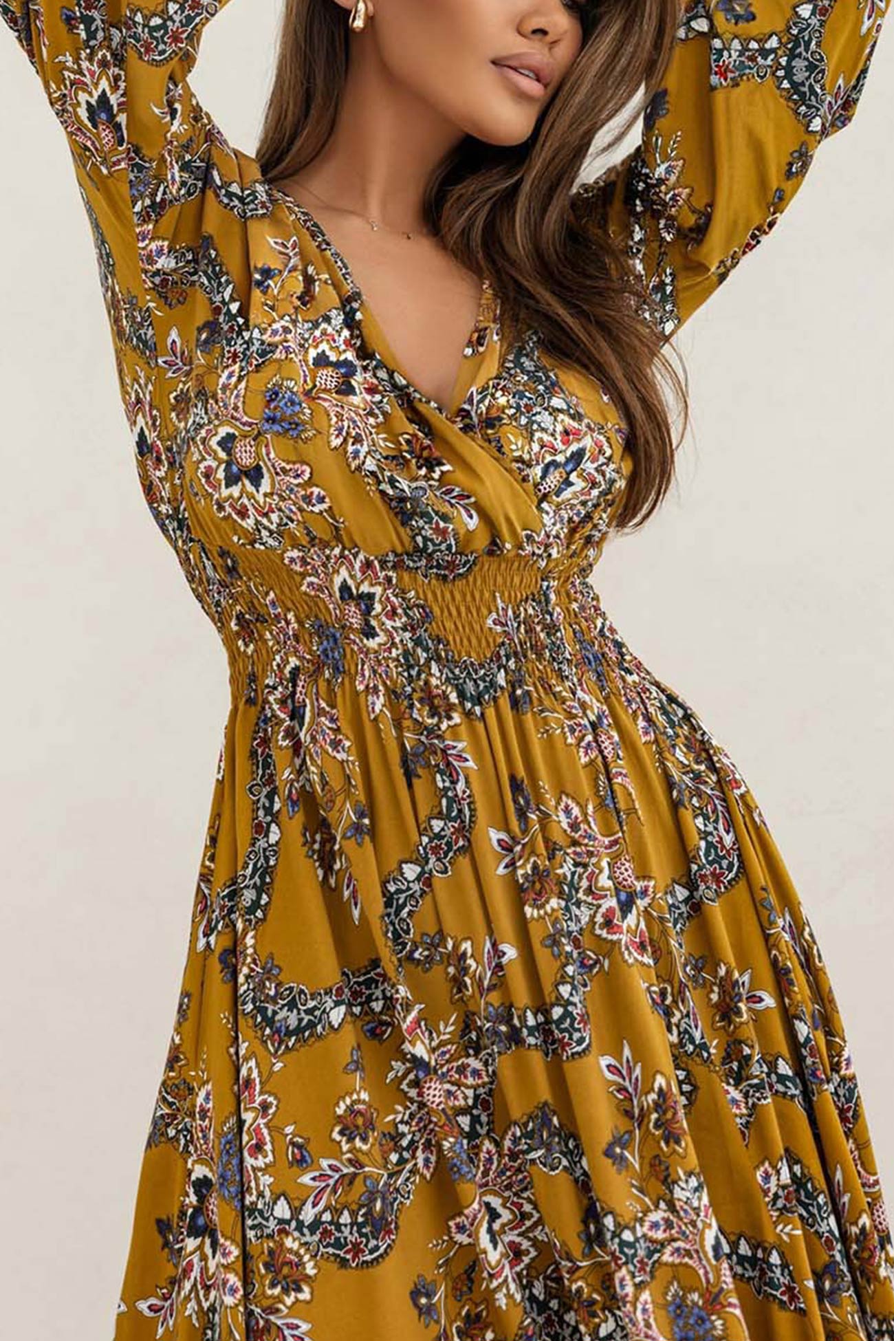 V Neck Floral Print Puff Sleeve Slit Dress