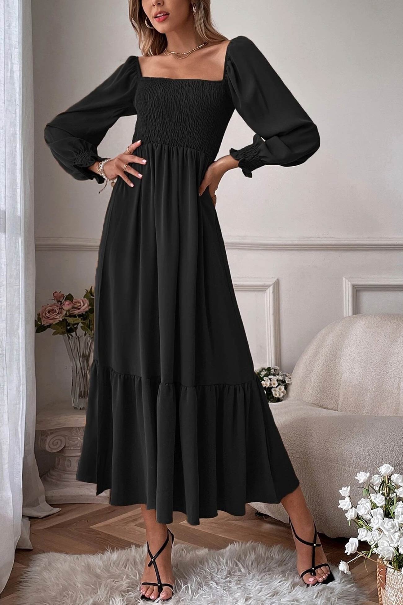 Puff Sleeve Smocked Ruffle Midi Dress