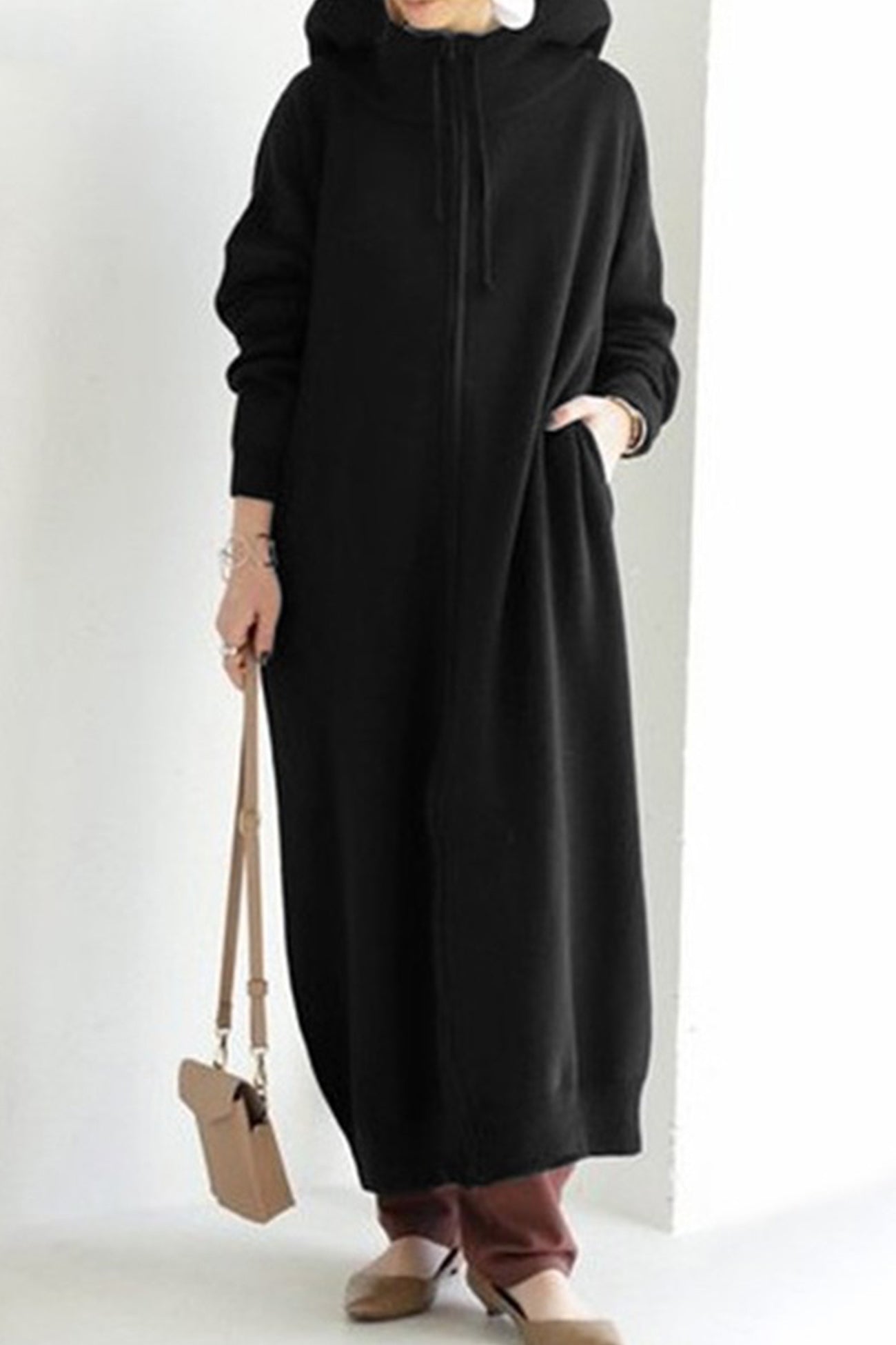 Solid Color Zip-up Oversized Long Hoodie Dress