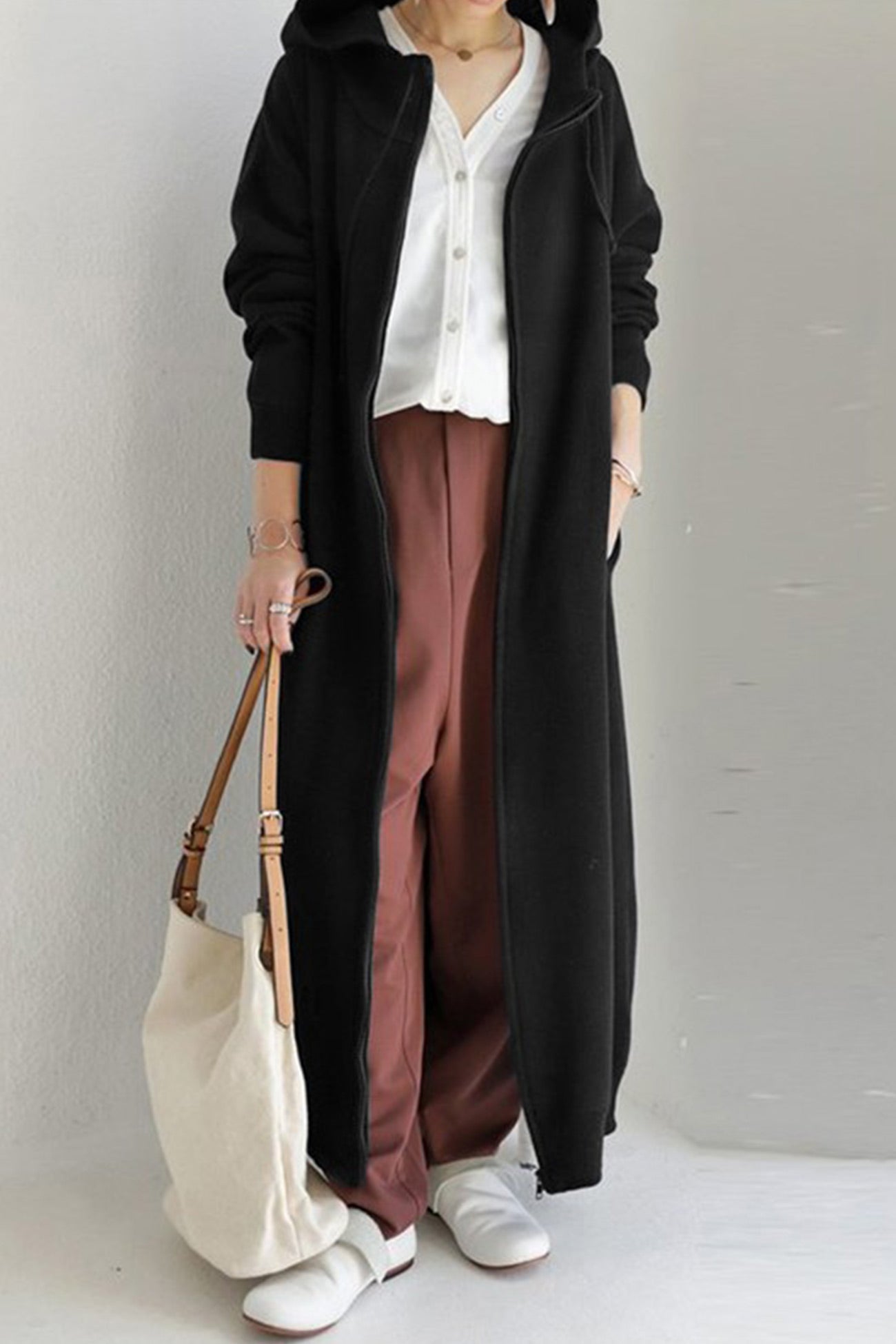 Solid Color Zip-up Oversized Long Hoodie Dress