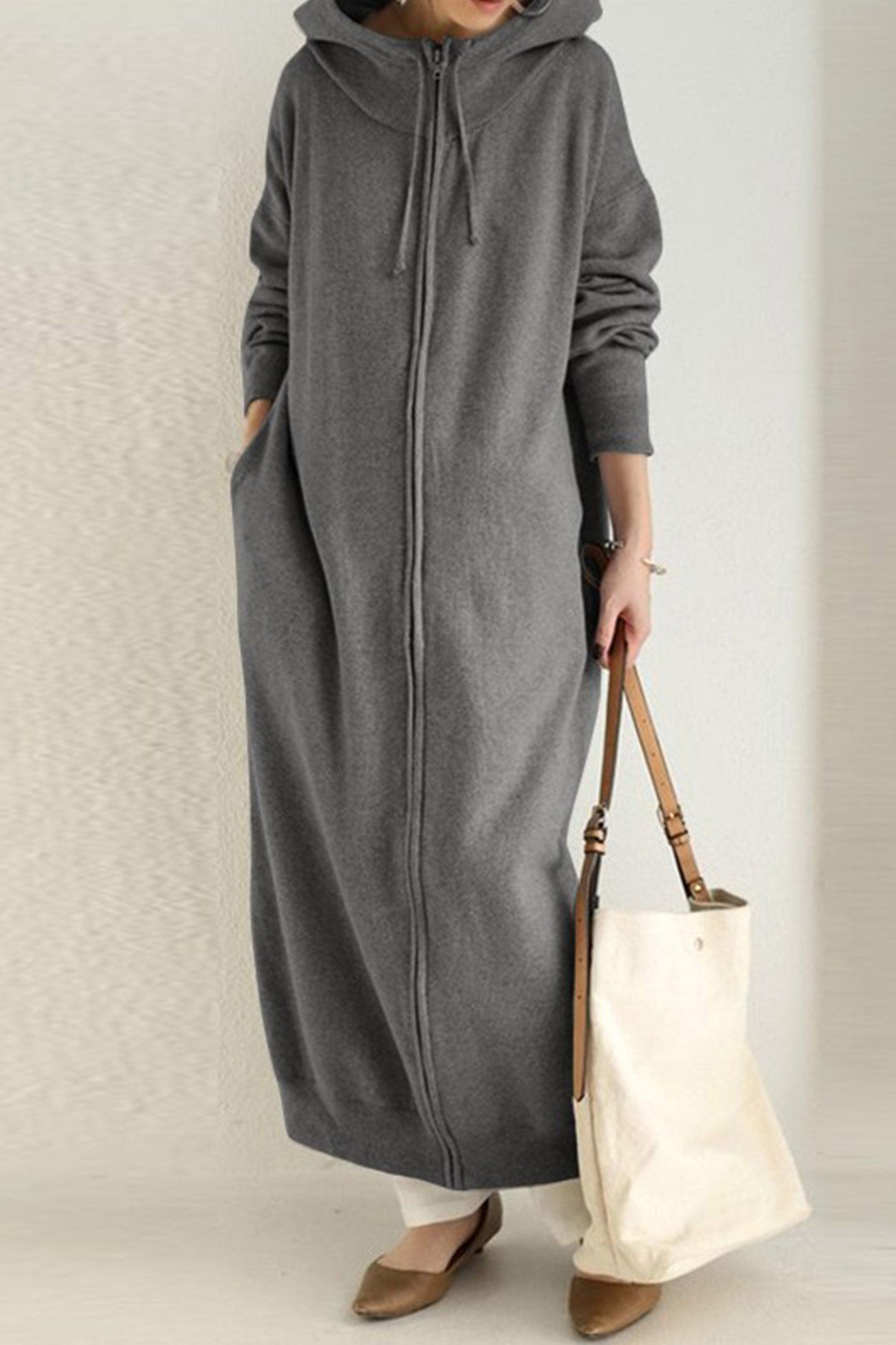 Solid Color Zip-up Oversized Long Hoodie Dress