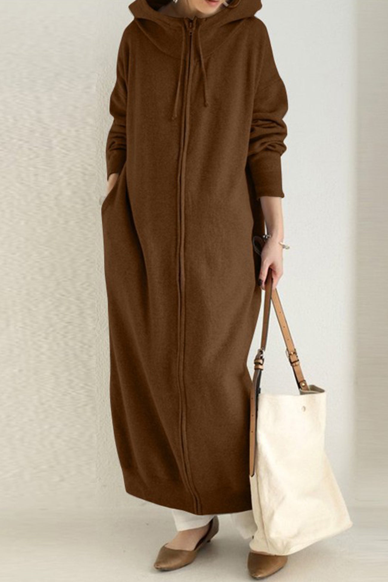Solid Color Zip-up Oversized Long Hoodie Dress