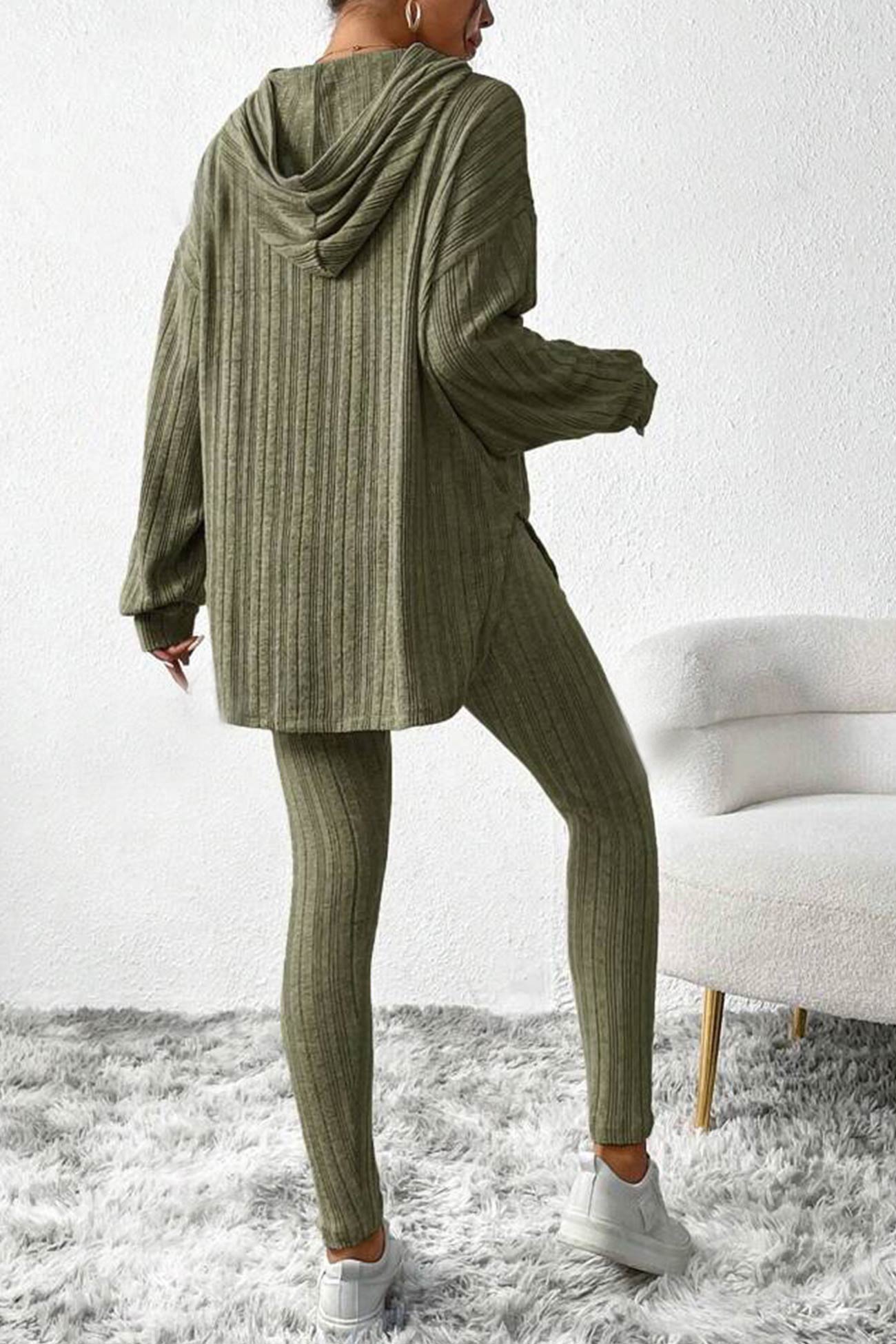 Ribbed Slit Mid Length Hoodie Leggings Set