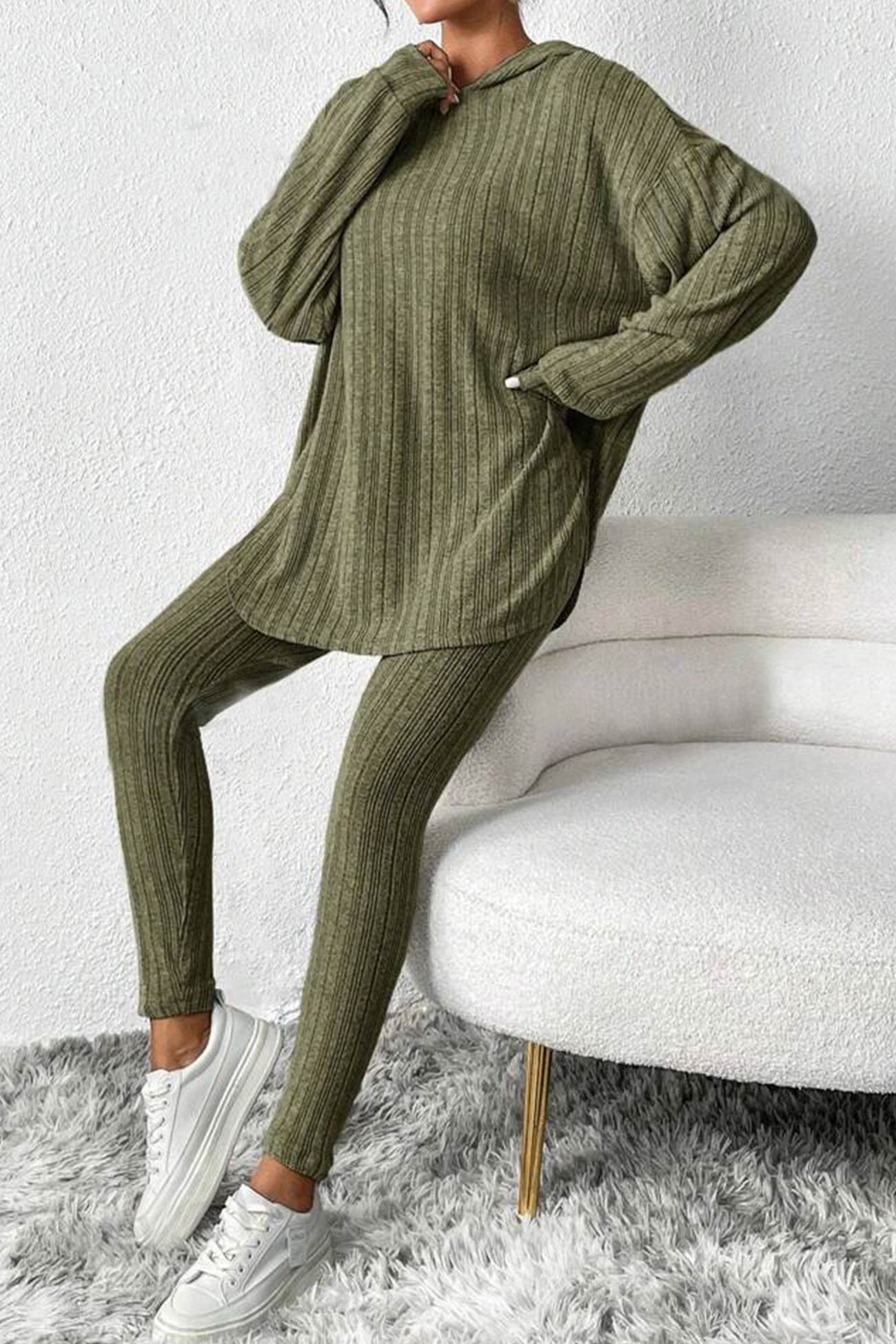 Ribbed Slit Mid Length Hoodie Leggings Set