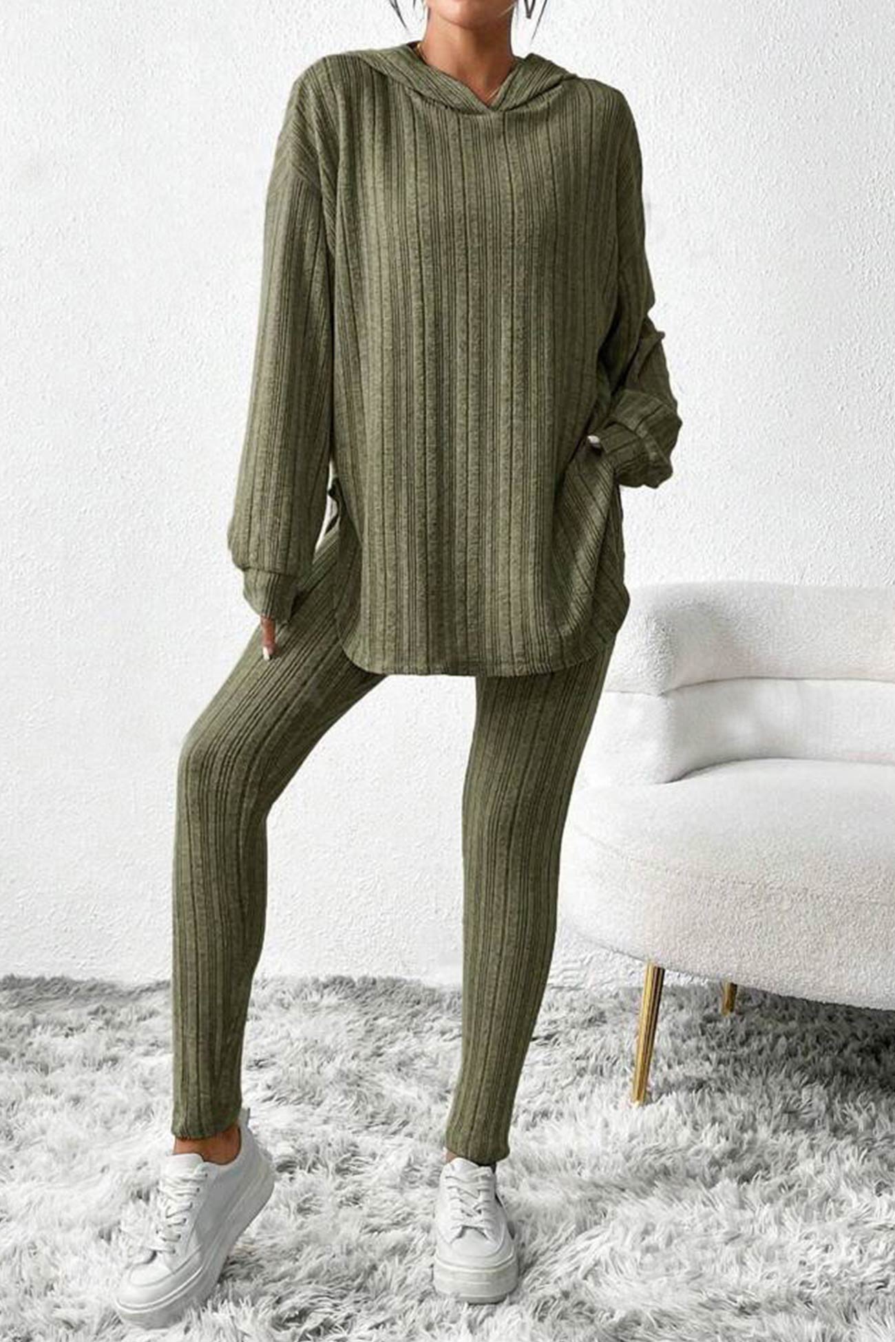 Ribbed Slit Mid Length Hoodie Leggings Set