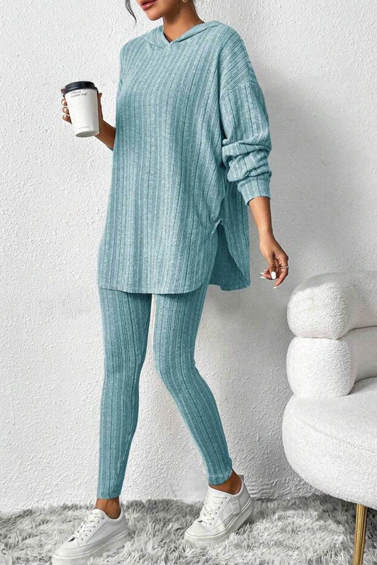 Ribbed Slit Mid Length Hoodie Leggings Set