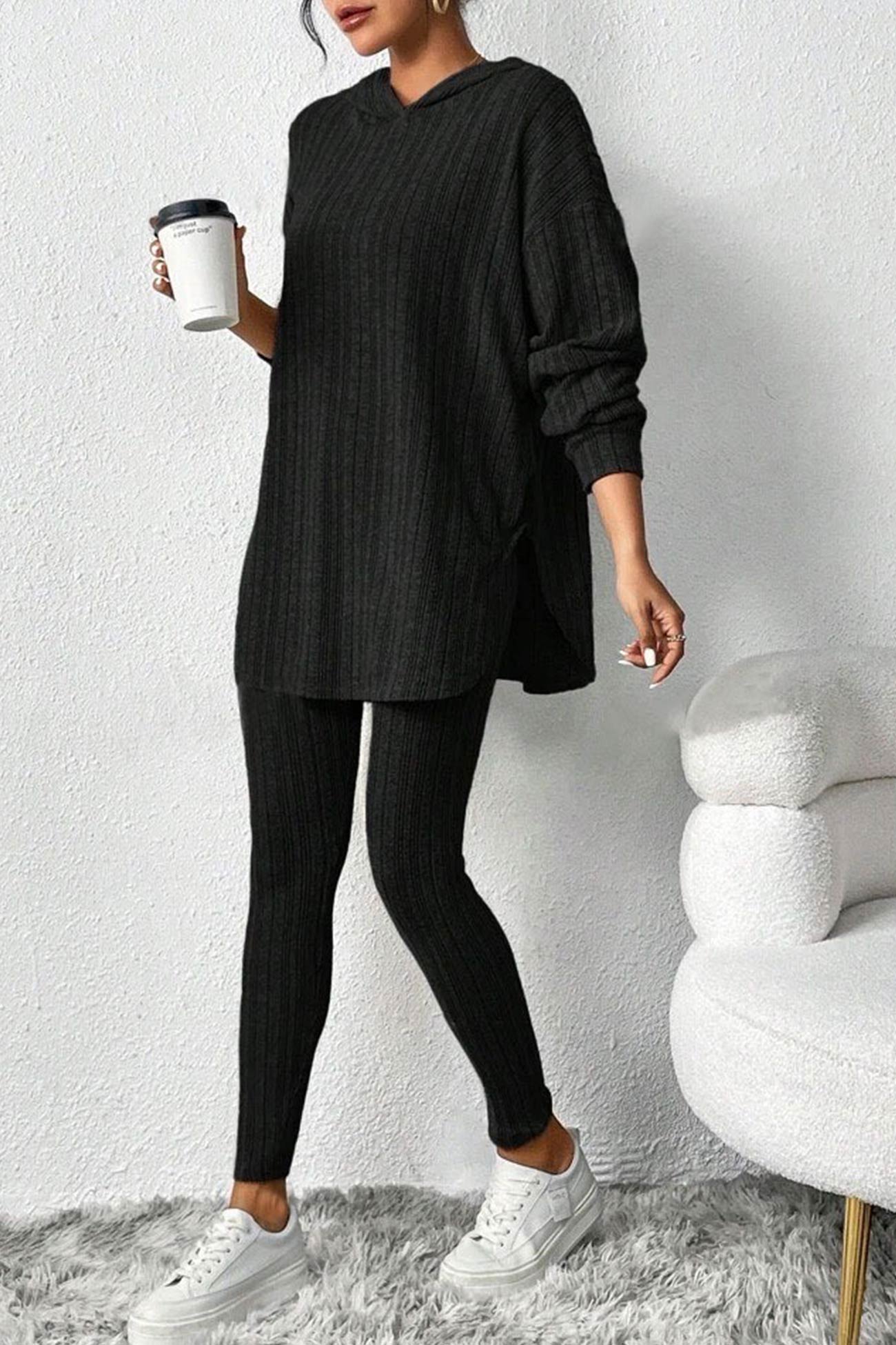 Ribbed Slit Mid Length Hoodie Leggings Set
