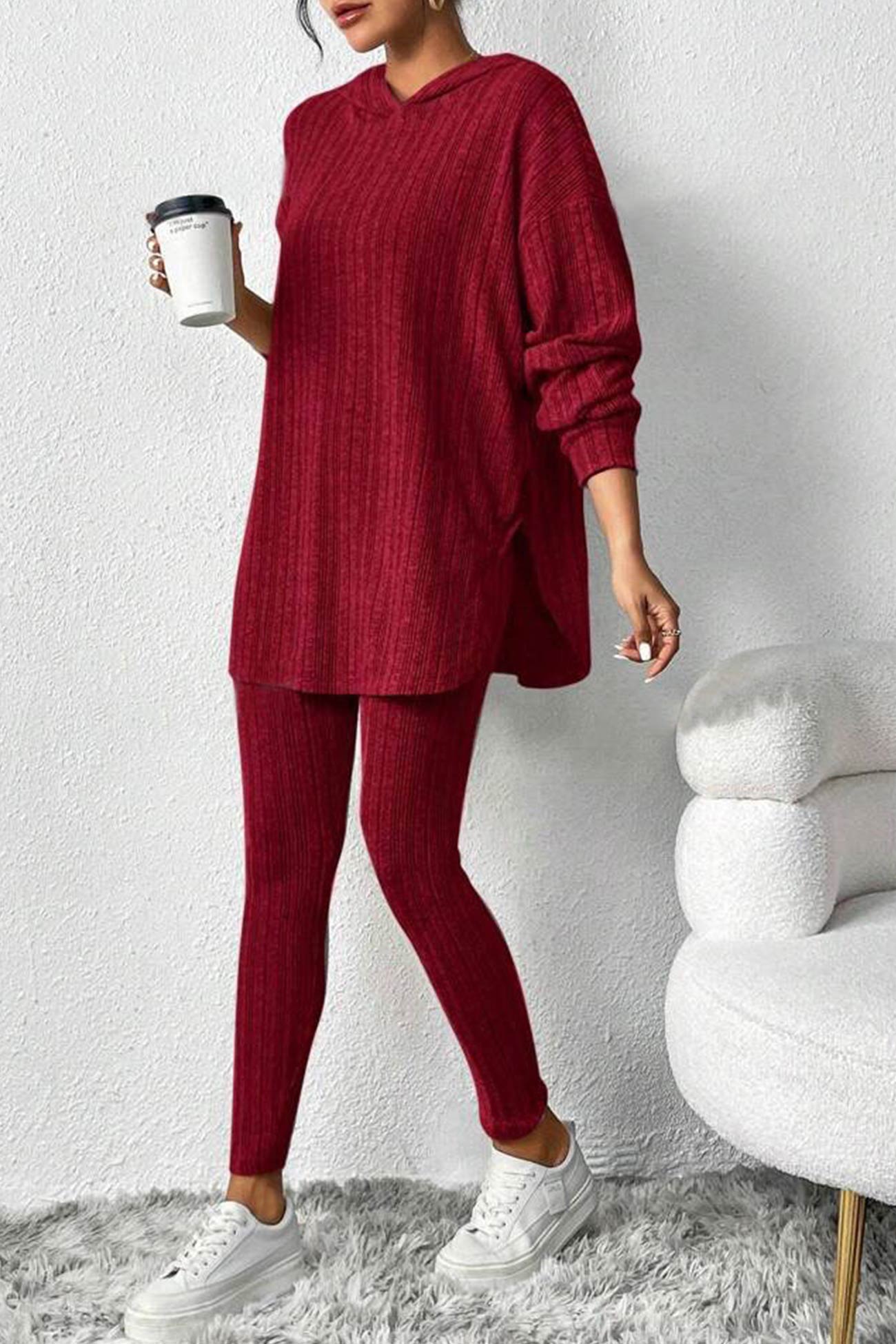 Ribbed Slit Mid Length Hoodie Leggings Set