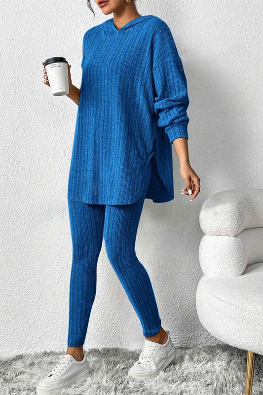 Ribbed Slit Mid Length Hoodie Leggings Set