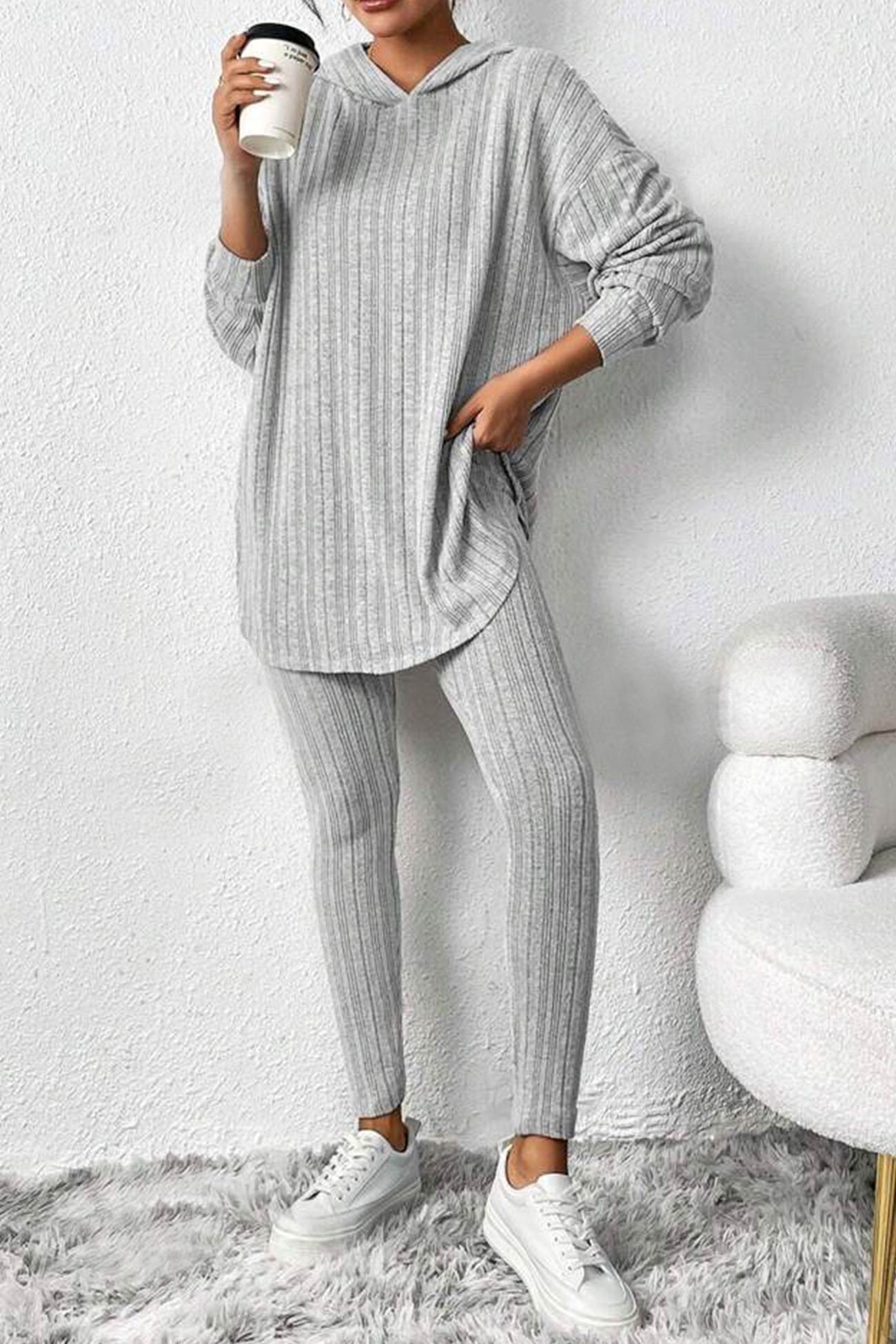 Ribbed Slit Mid Length Hoodie Leggings Set