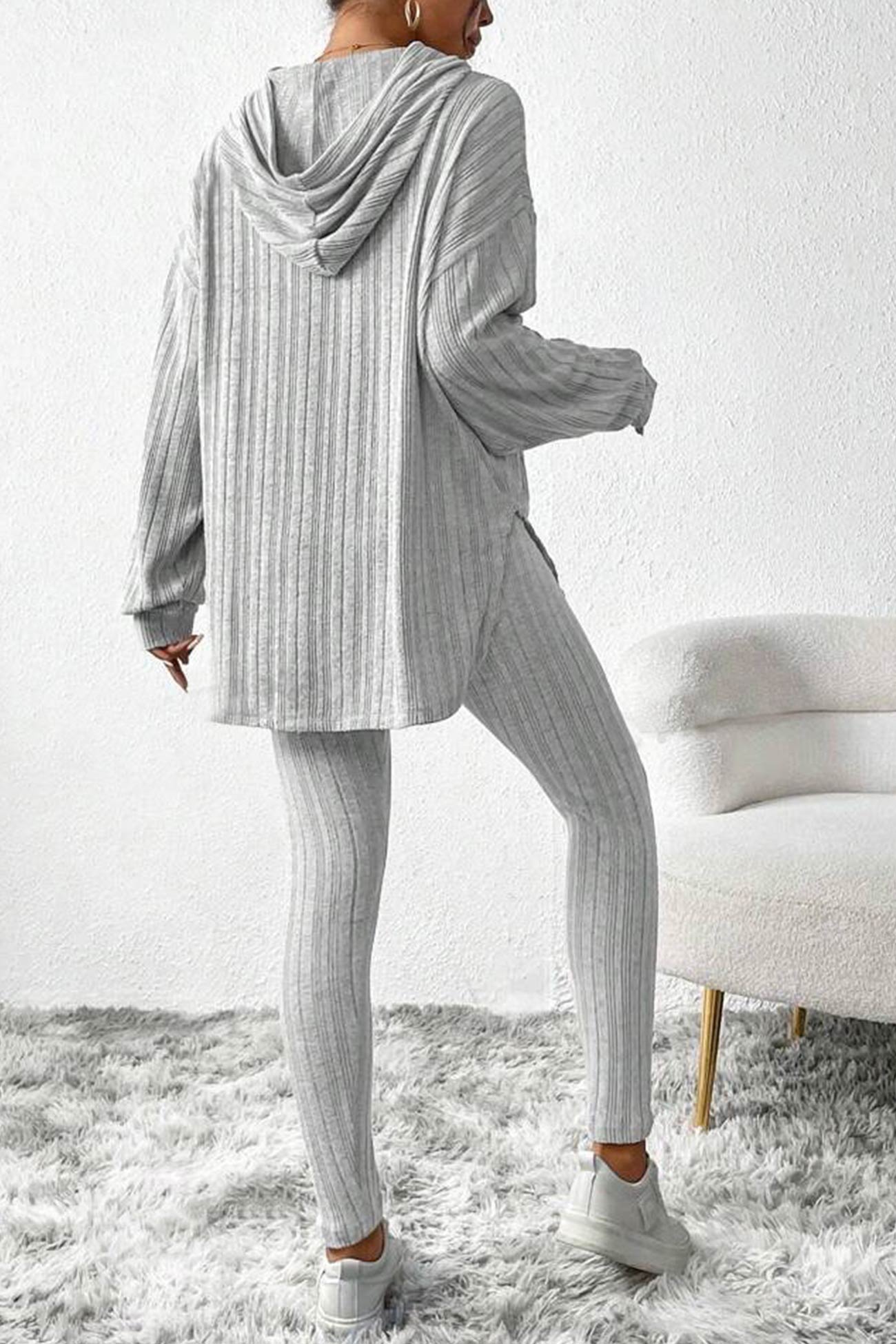 Ribbed Slit Mid Length Hoodie Leggings Set