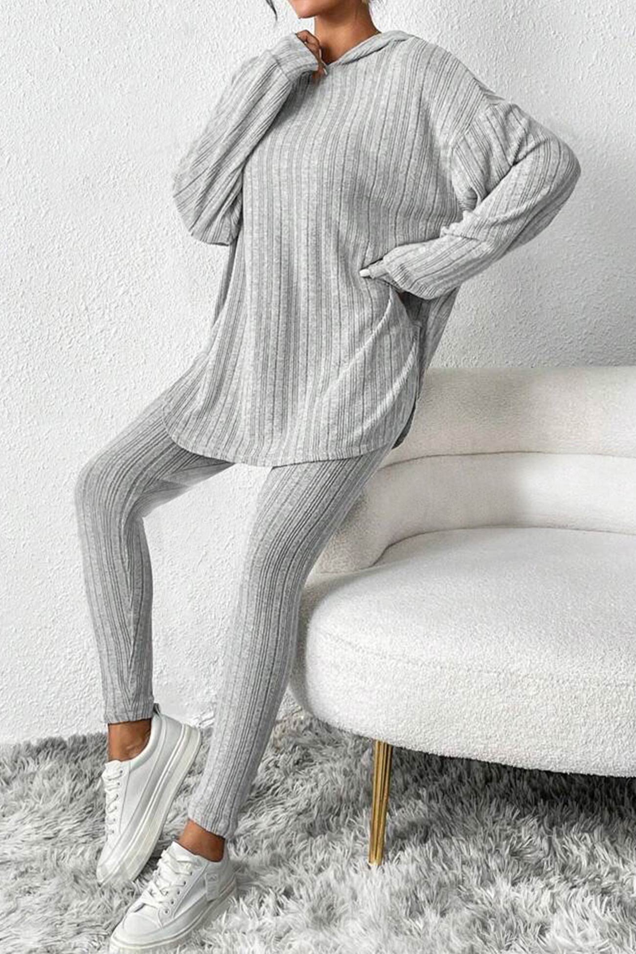 Ribbed Slit Mid Length Hoodie Leggings Set