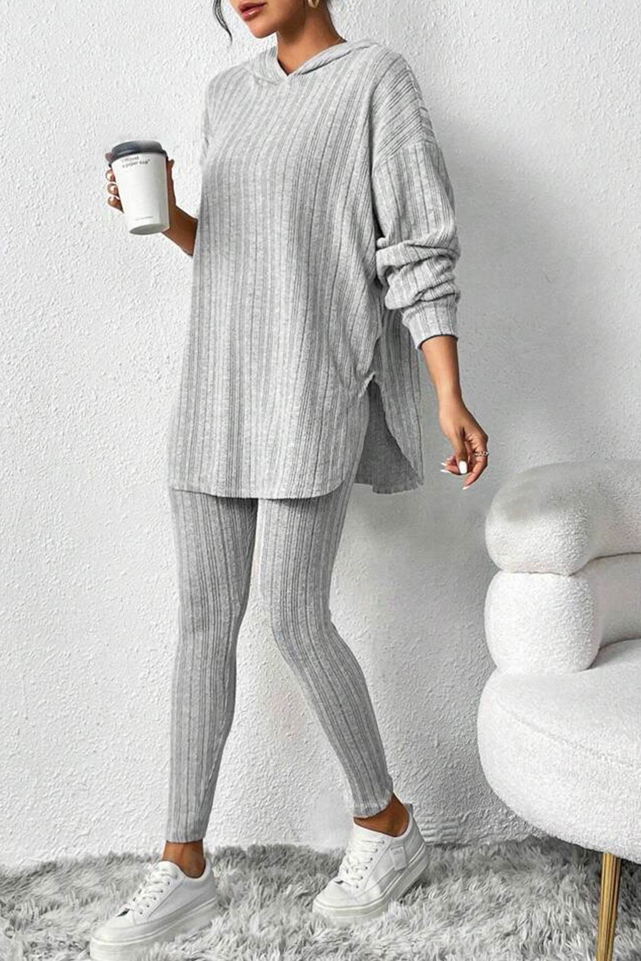 Ribbed Slit Mid Length Hoodie Leggings Set