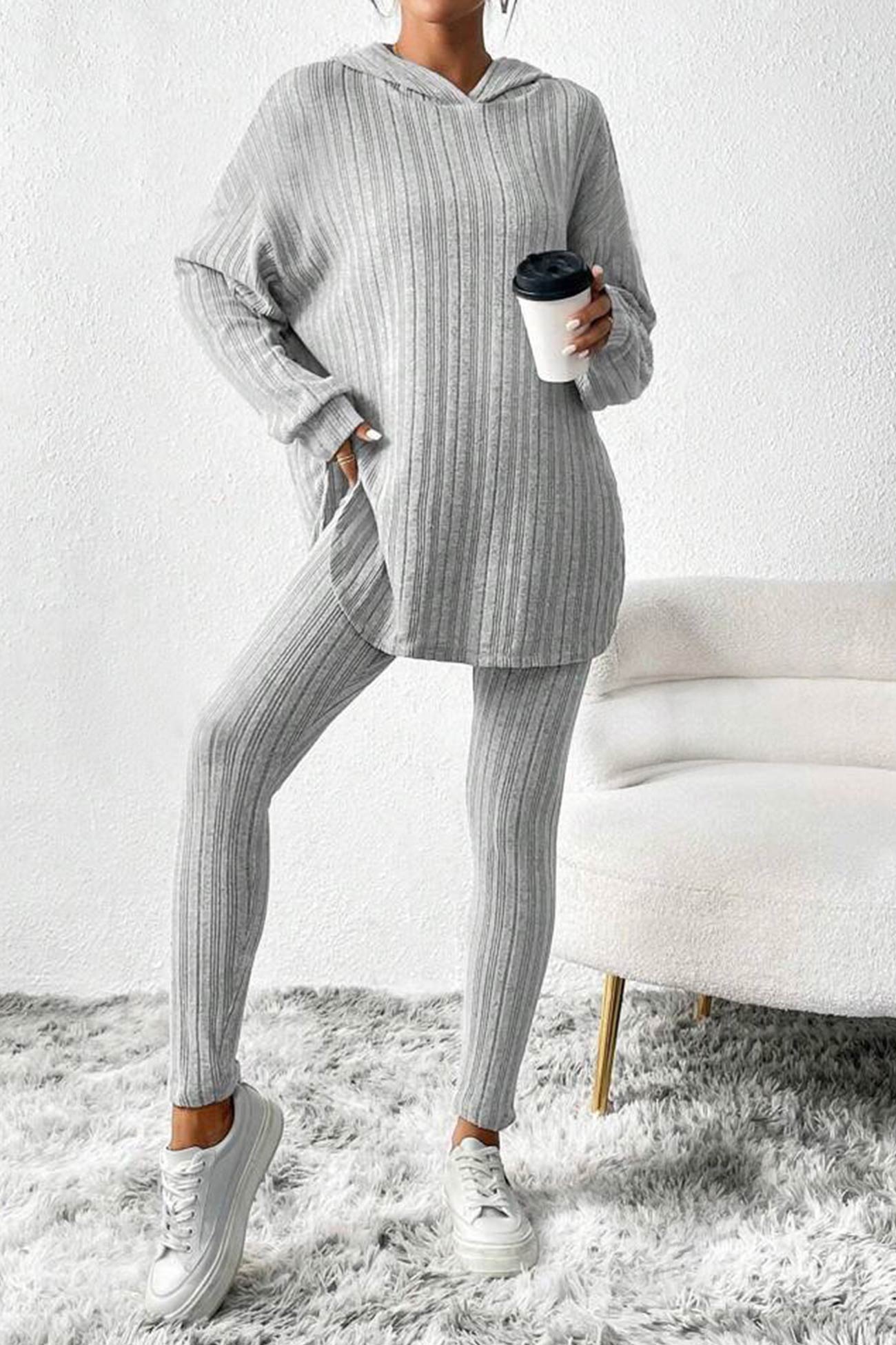 Ribbed Slit Mid Length Hoodie Leggings Set