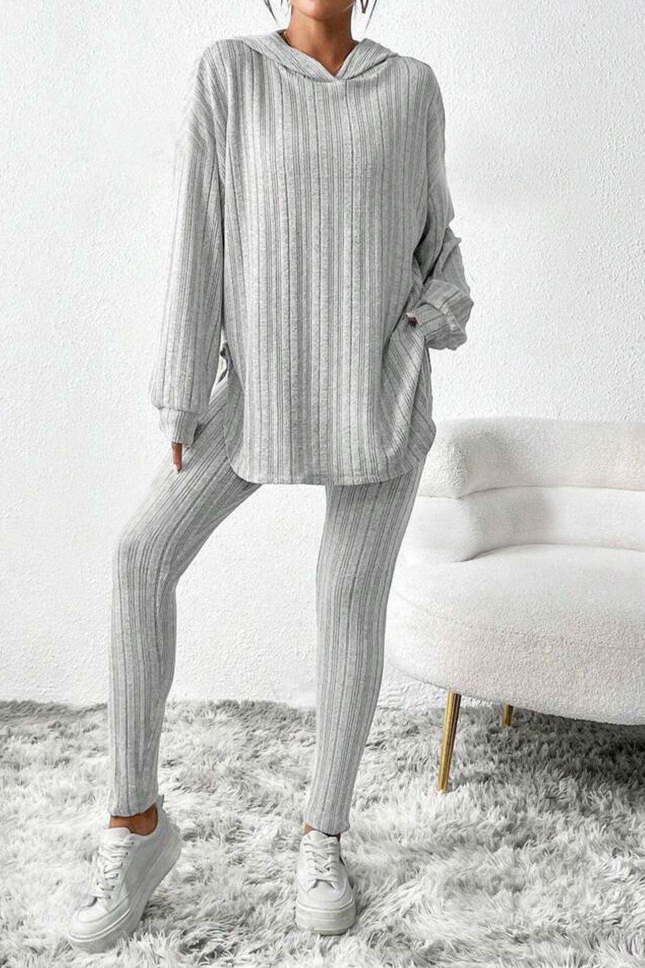 Ribbed Slit Mid Length Hoodie Leggings Set