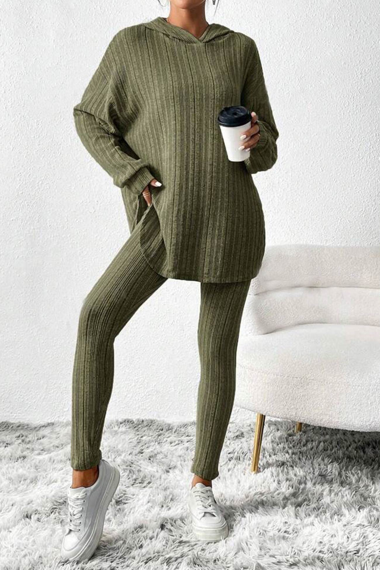 Ribbed Slit Mid Length Hoodie Leggings Set