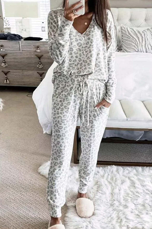 Leopard Print V Neck Long Sleeve Loungewear Set