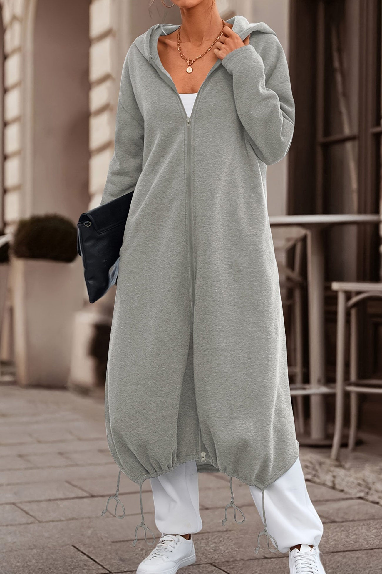 Zip Up Drawstring Hem Long Hoodie