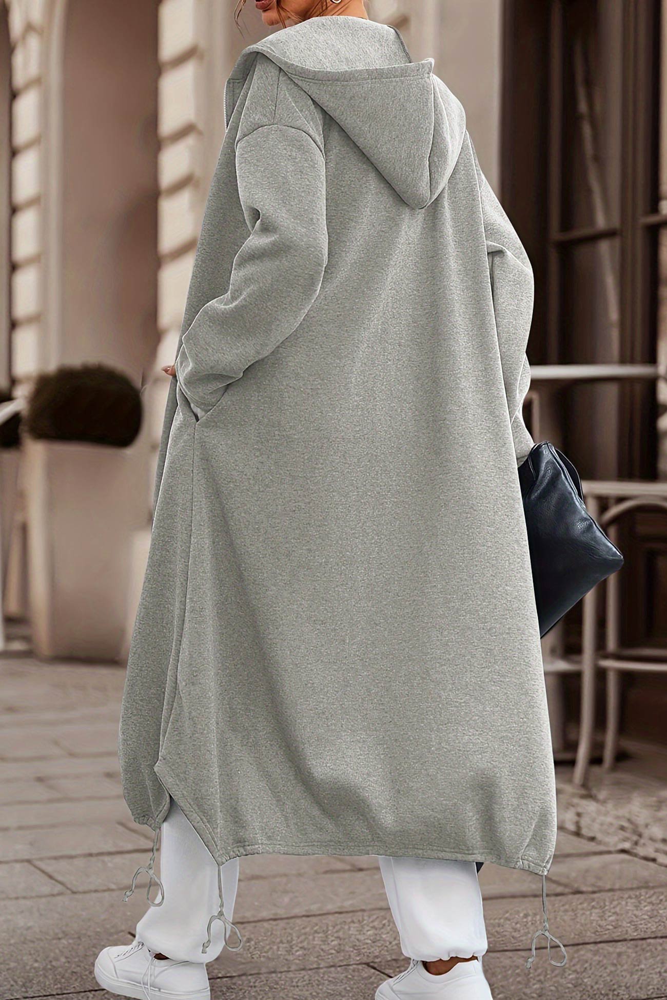 Zip Up Drawstring Hem Long Hoodie