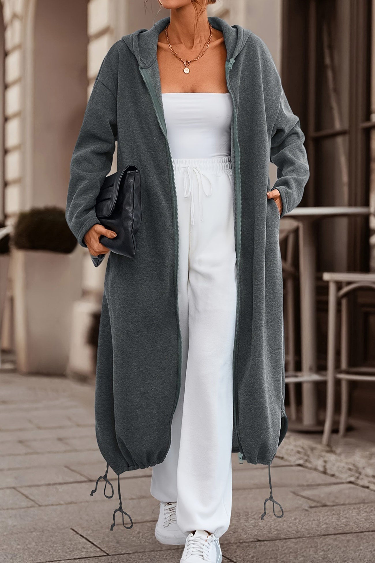 Zip Up Drawstring Hem Long Hoodie