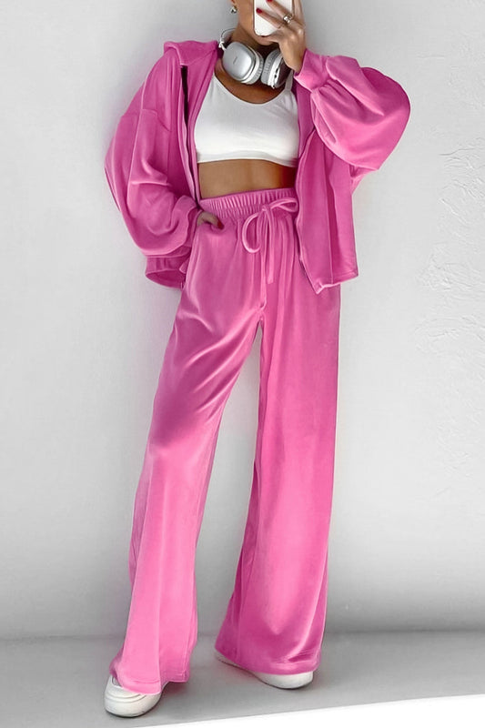 Velvet Hooded Zipper Two Piece Sweatpants Set
