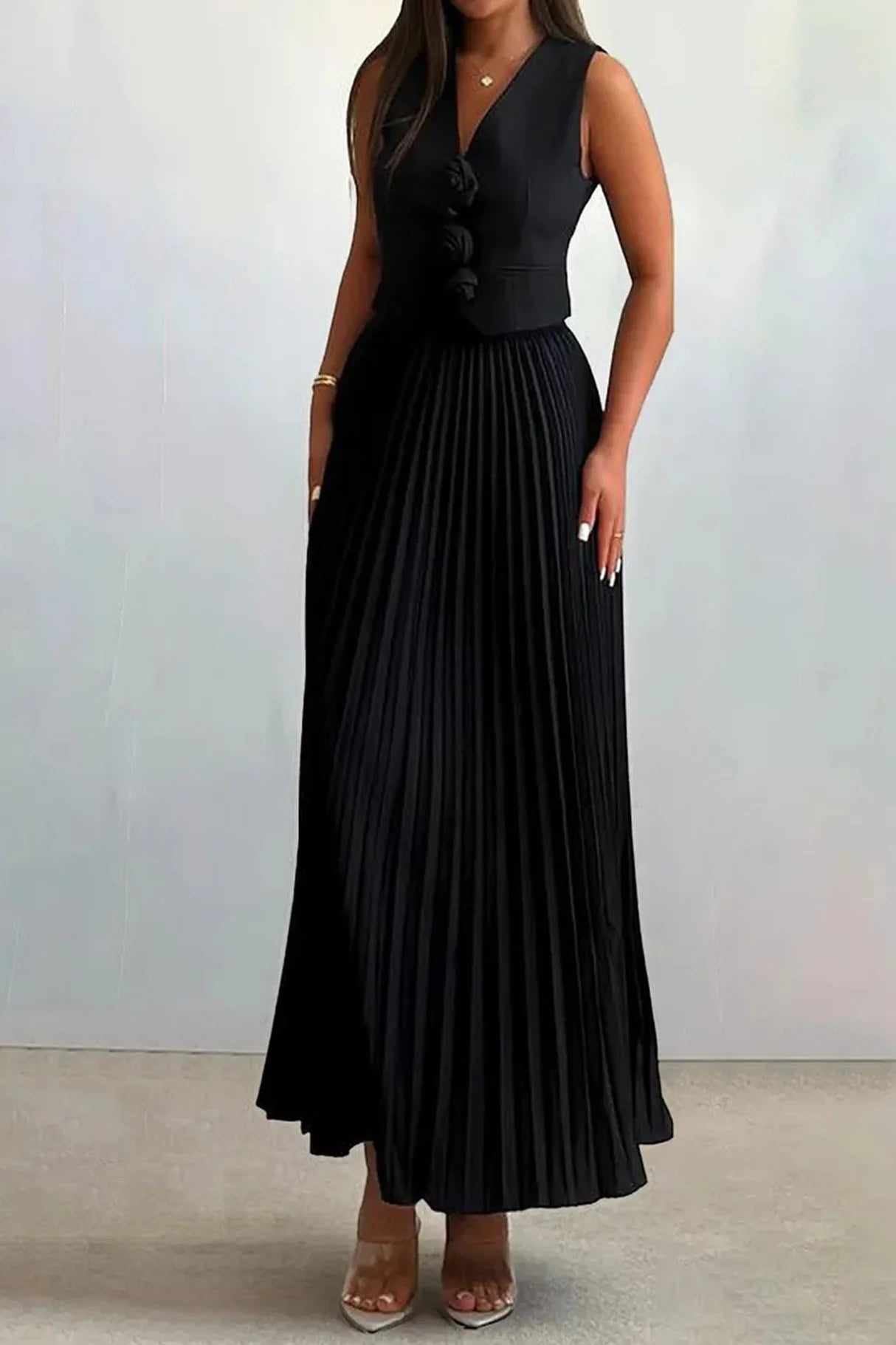 3D Floral Vest Pleated Maxi Skirt Sets