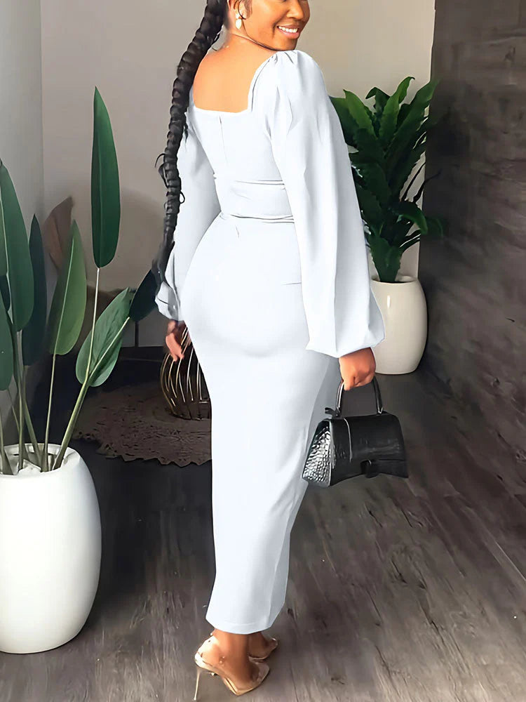 Lantern Sleeve Slit Dress