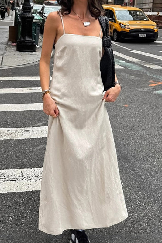 Spaghetti Straps A Line Cotton Linen Dress