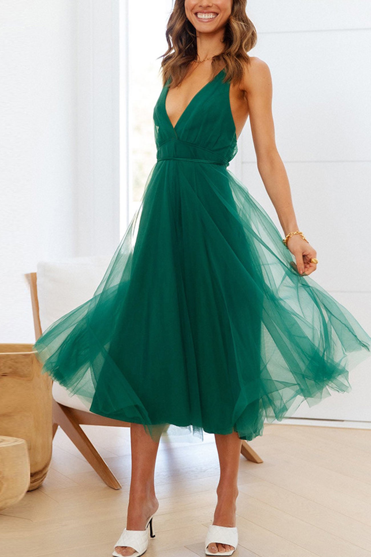 V Neck Mesh Tie Up Cami Dress