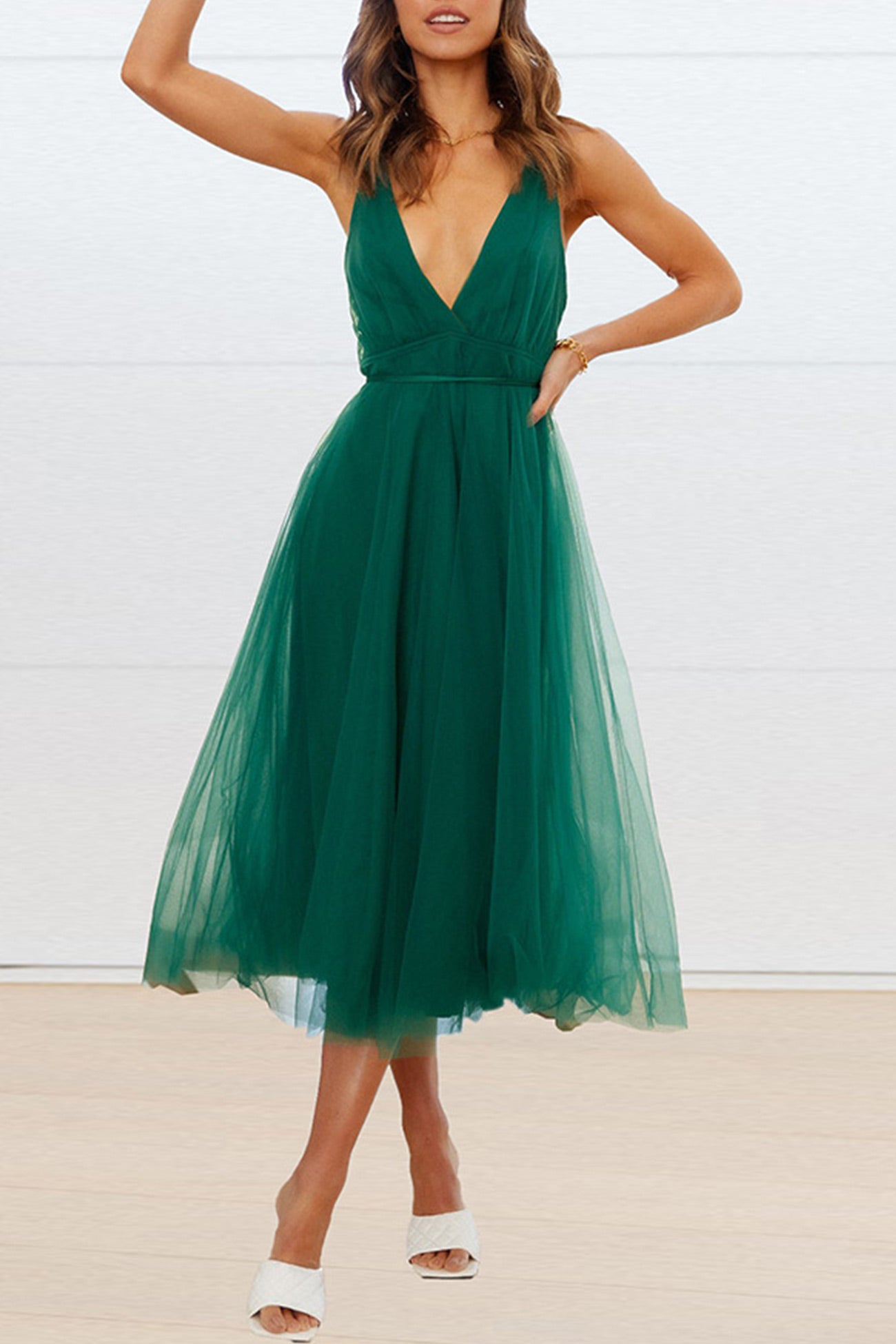 V Neck Mesh Tie Up Cami Dress