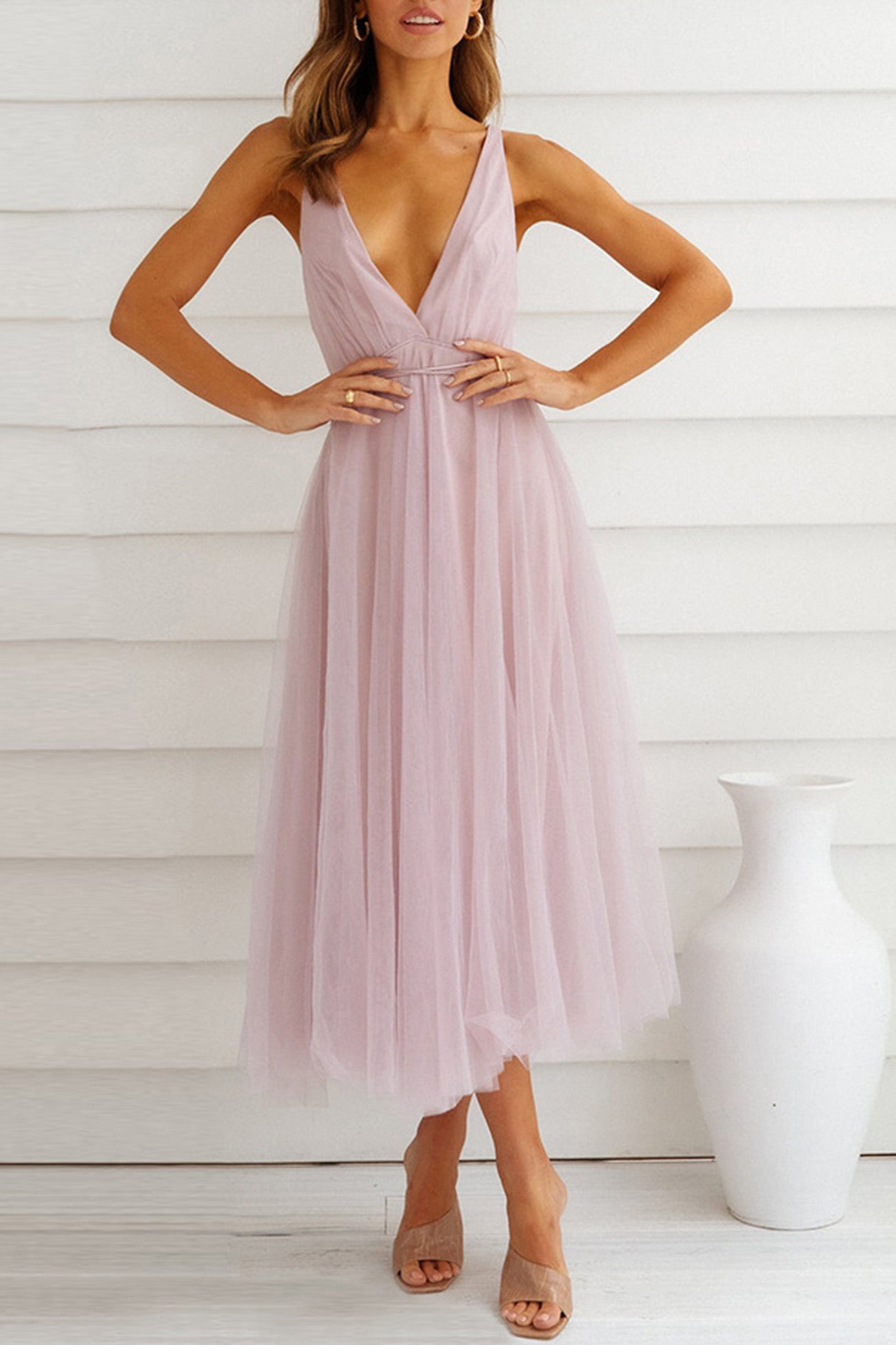 V Neck Mesh Tie Up Cami Dress