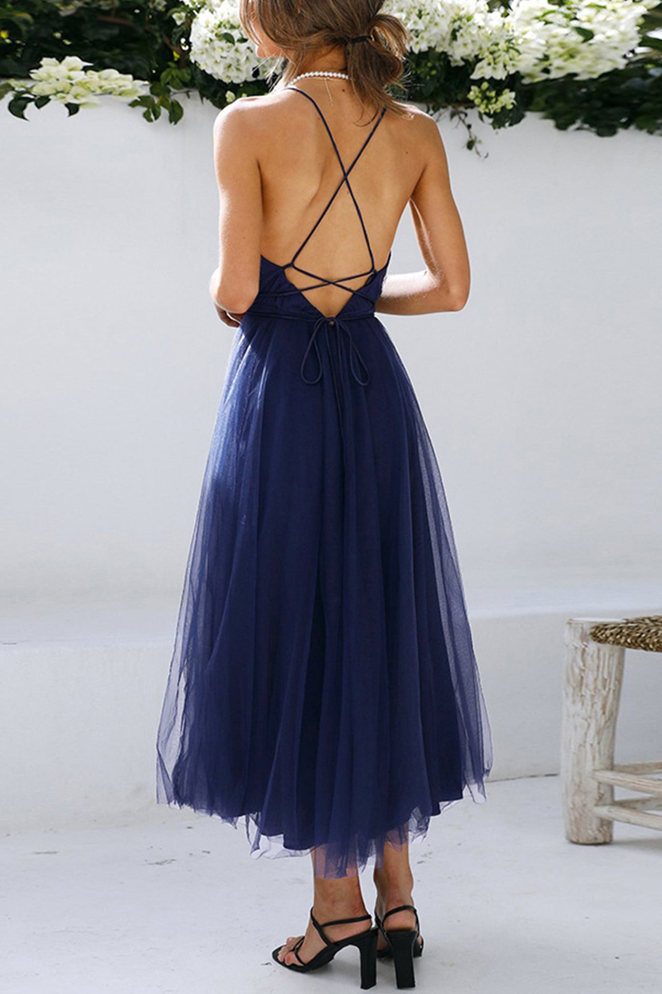 V Neck Mesh Tie Up Cami Dress